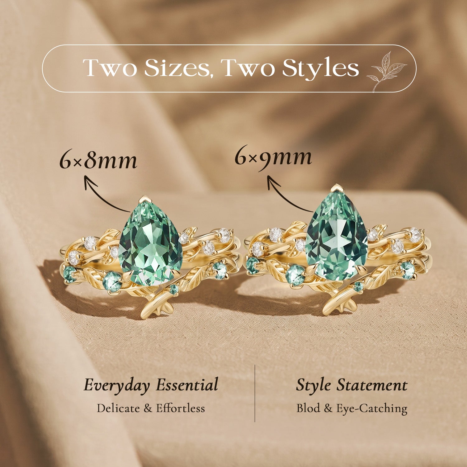 Clarissa - Pear Cut Lab Green Sapphire Leafy Bridal Set 2pcs