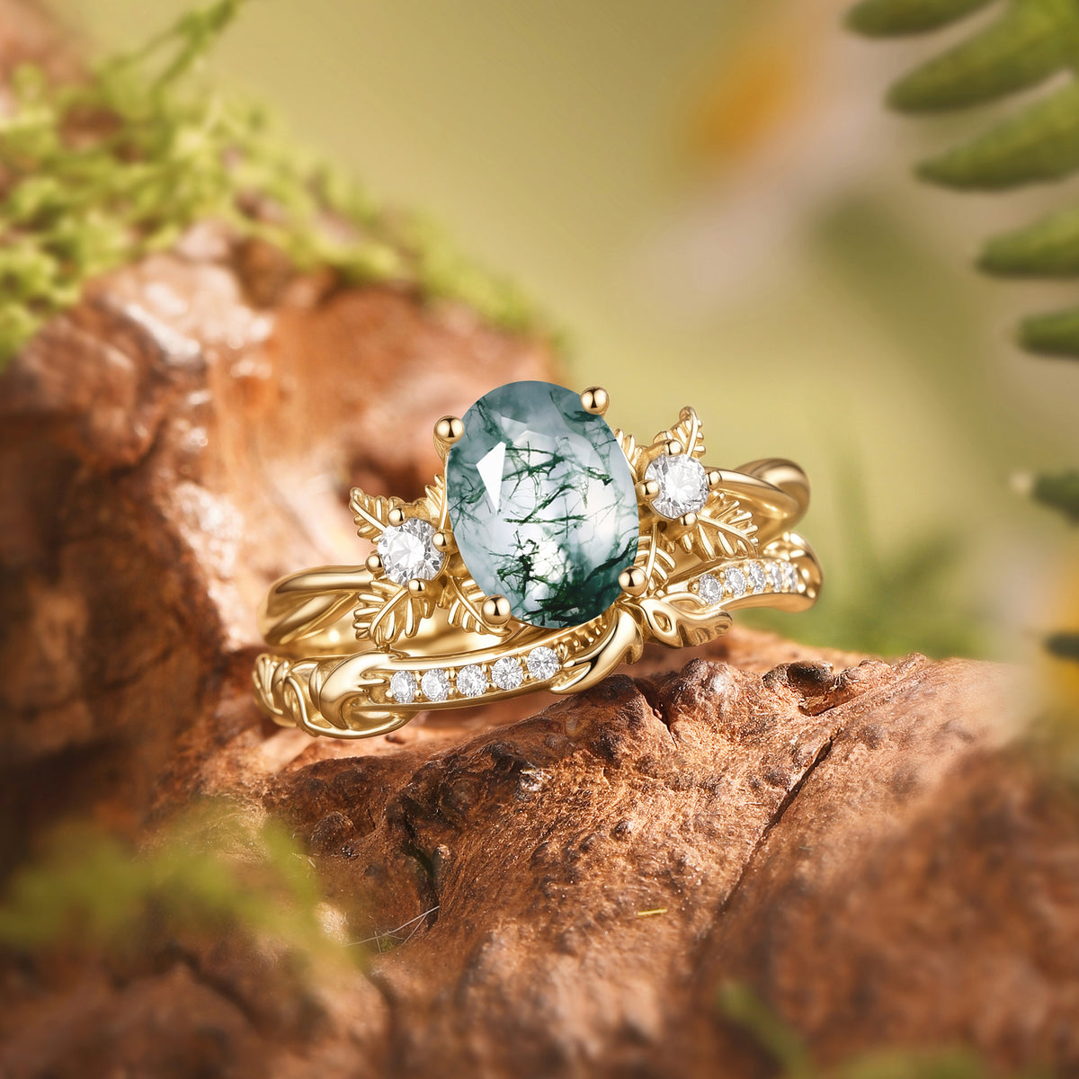 Flora - Oval Cut Moss Agate Leafy Flower Engagement Ring Set 2pcs
