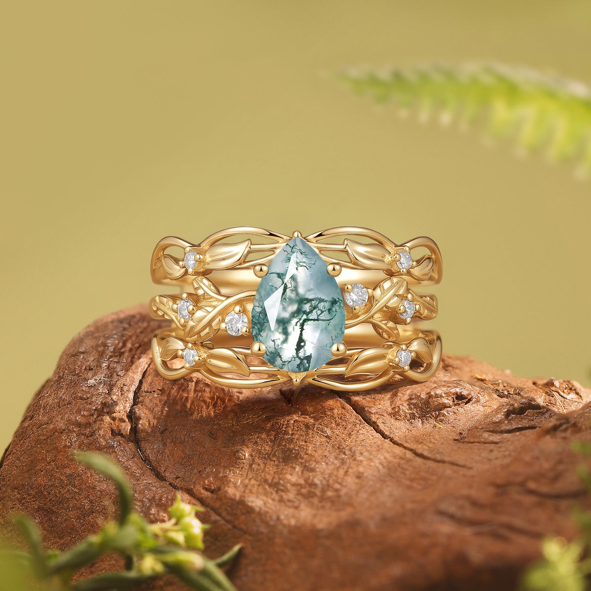Moss Agate & Moissanite Vine Engagement Ring Set 2pcs - Felicity