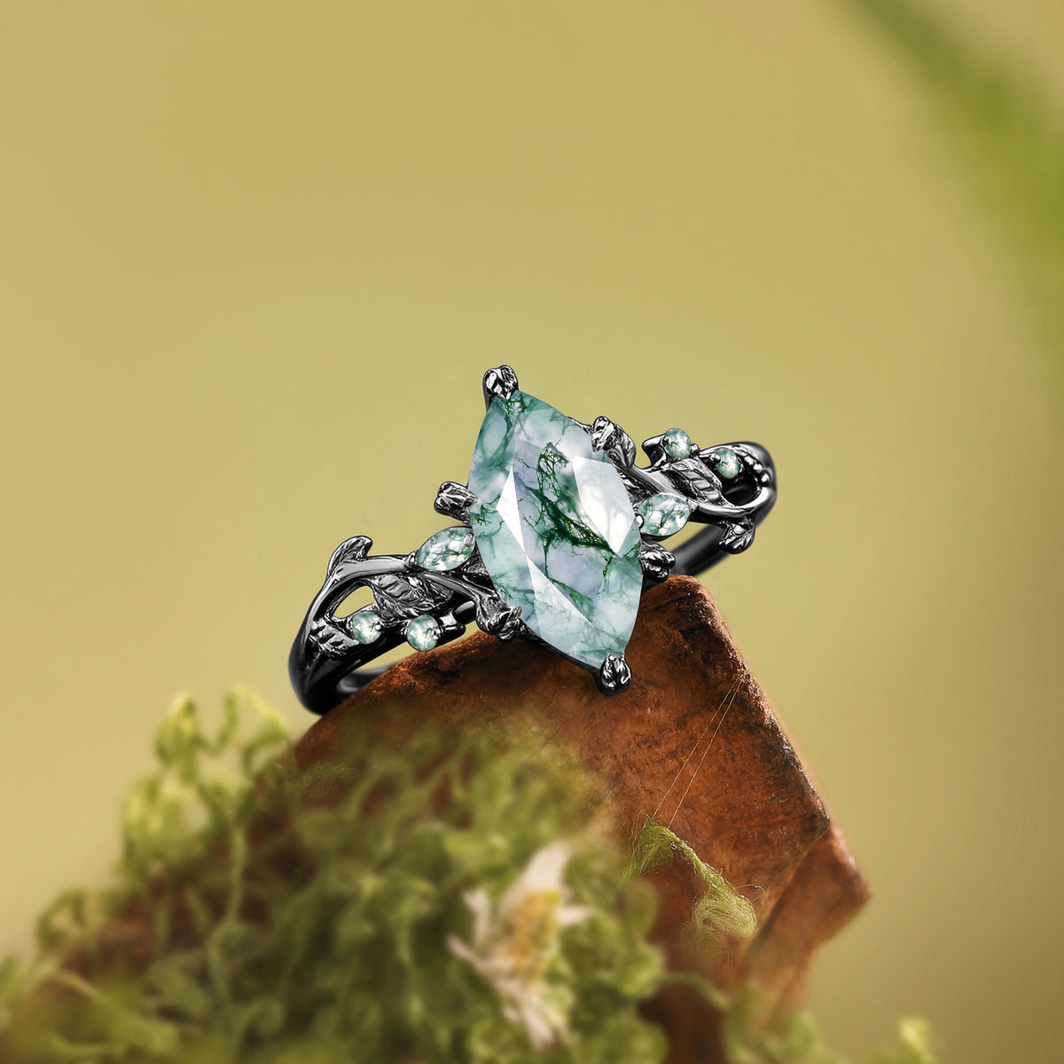 Nature Inspired Marquise Moss Agate Leafy Twist Engagement Ring