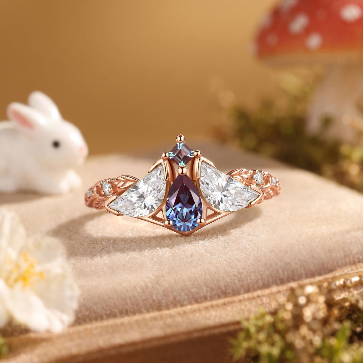 Moth Wing Pear Cut Alexandrite Three Stone Engagement Ring – Lirael