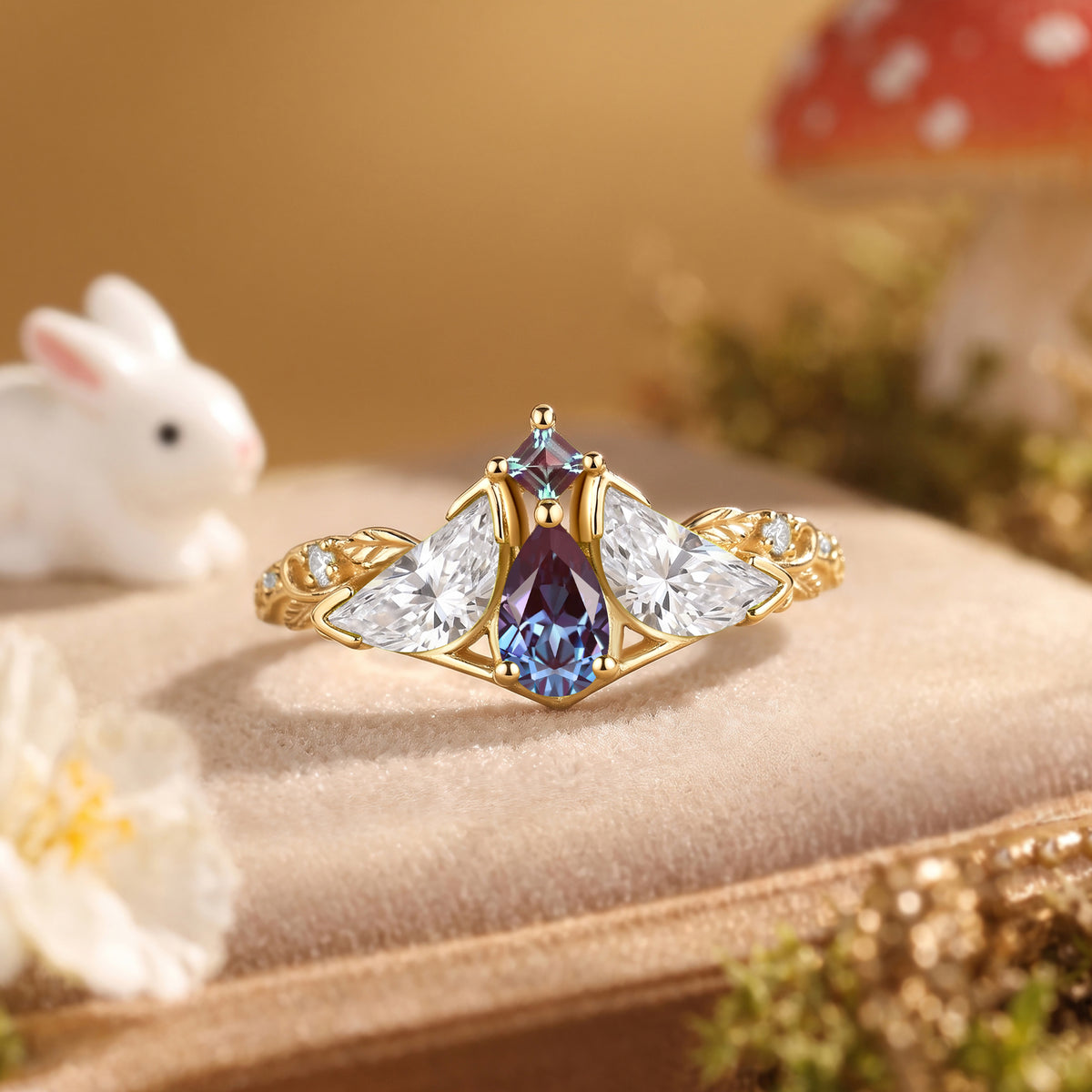 Moth Wing Pear Cut Alexandrite Three Stone Engagement Ring – Lirael