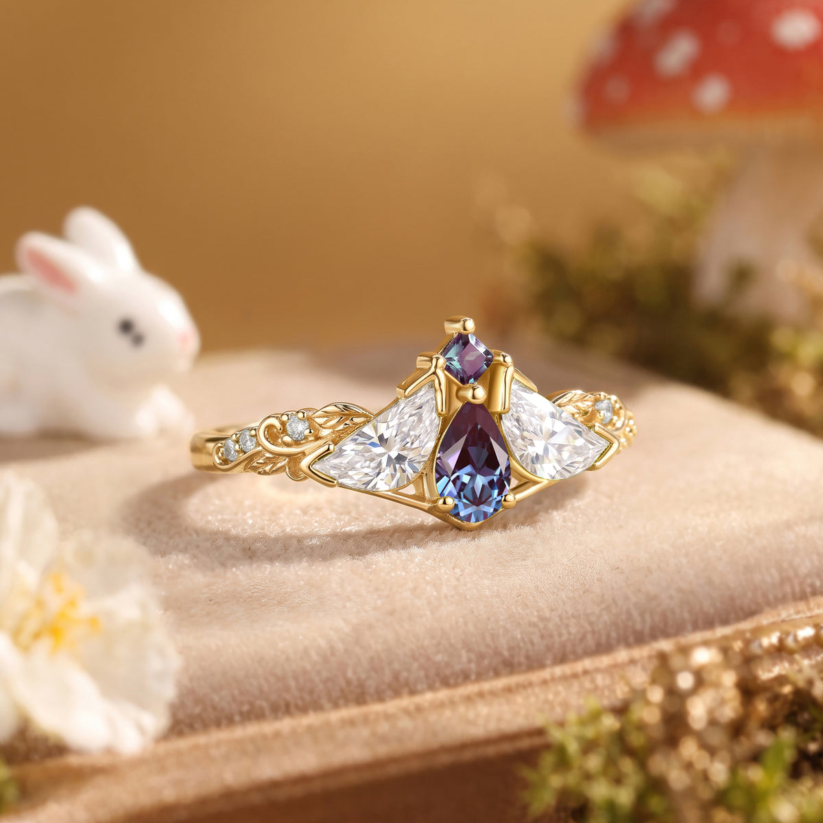 Moth Wing Pear Cut Alexandrite Three Stone Engagement Ring – Lirael