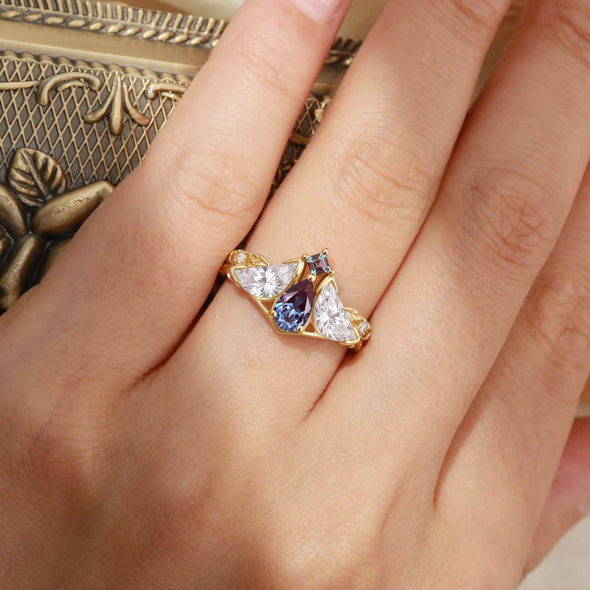 Moth Wing Pear Cut Alexandrite Three Stone Engagement Ring – Lirael