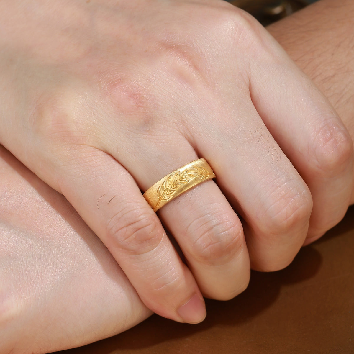 Unique Engraved Nature Leaf Inspired Anniversary Ring - Men Band