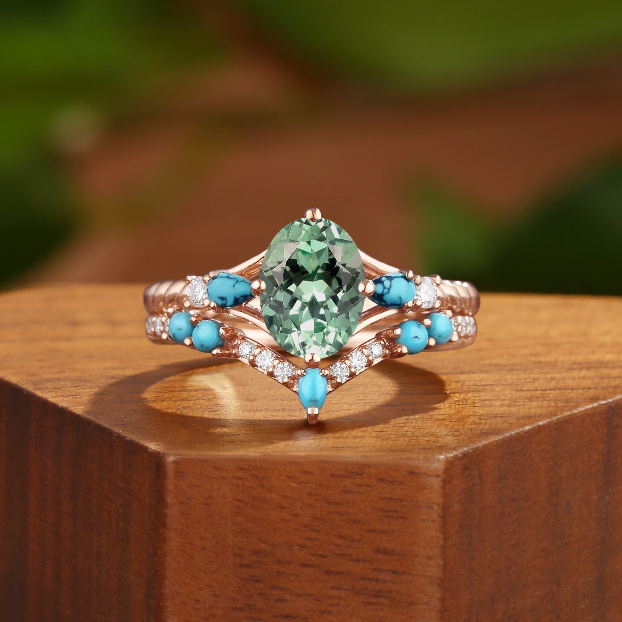 Hermine - Vintage Green Sapphire Twist Engagement Ring Set 2pcs