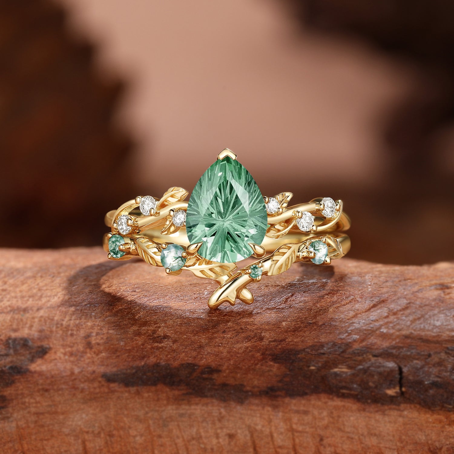 Pear Cut Firework Cut Lab Green Sapphire Leafy Bridal Set 2pcs - Clarissa