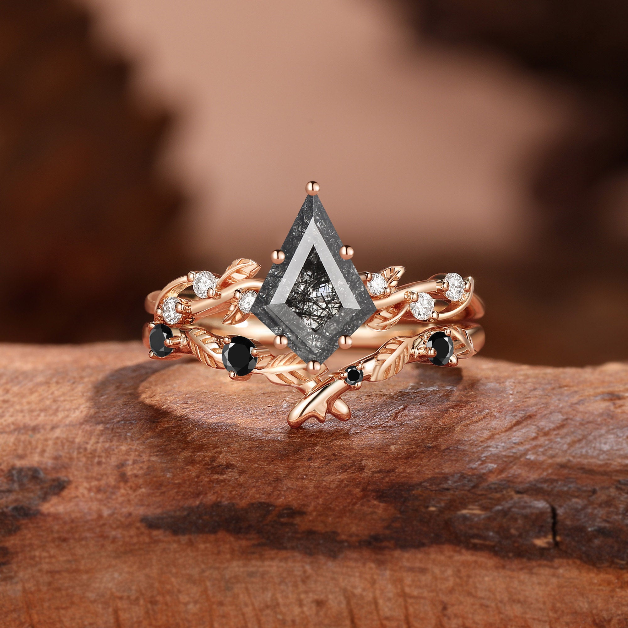 Kite Cut Black Rutilated Quartz Leafy Engagement Ring Set 2pcs - Clarissa