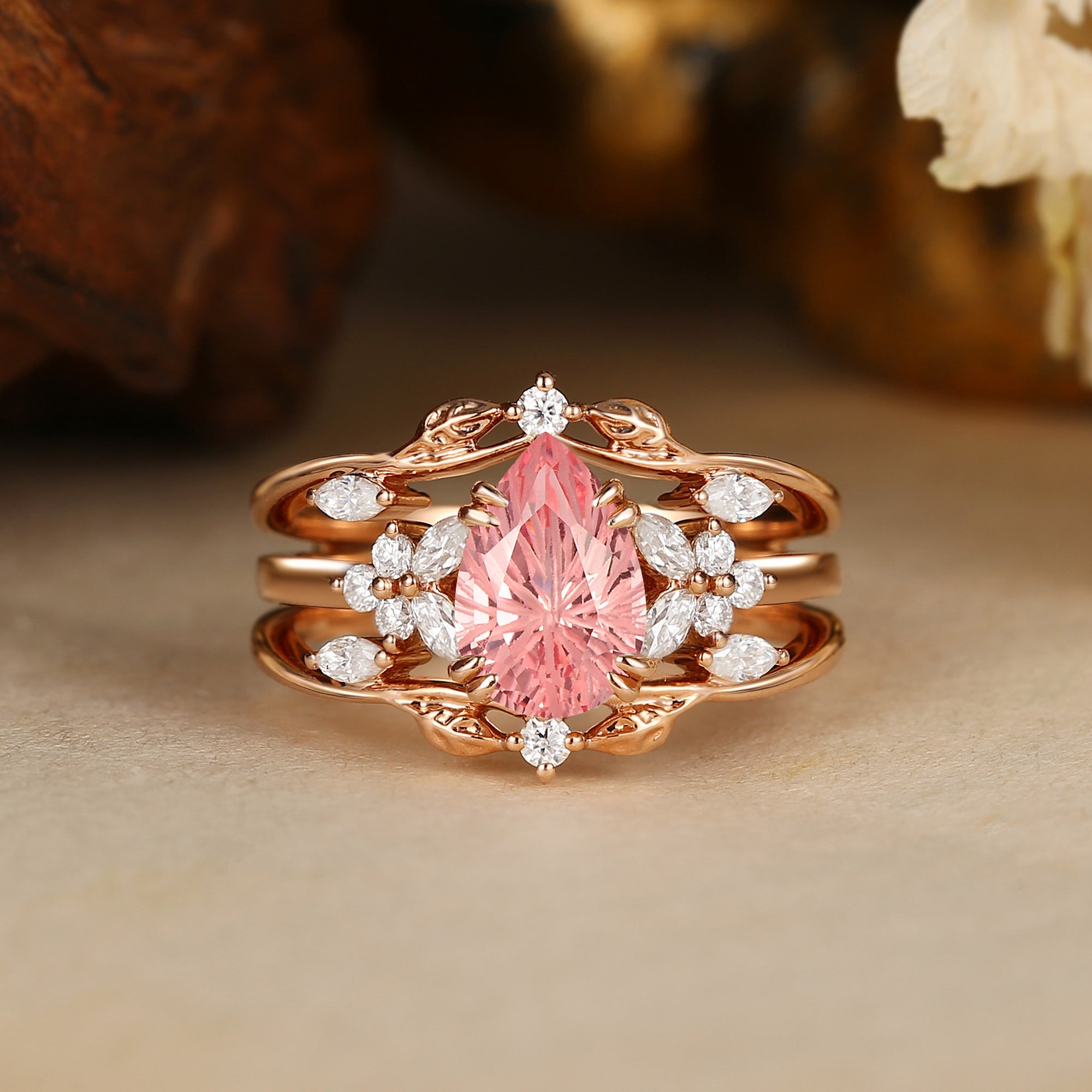 Jasmine - Firework Cut Pink Padparadscha Sapphire Leaf Ring Bridal Set 2PCS