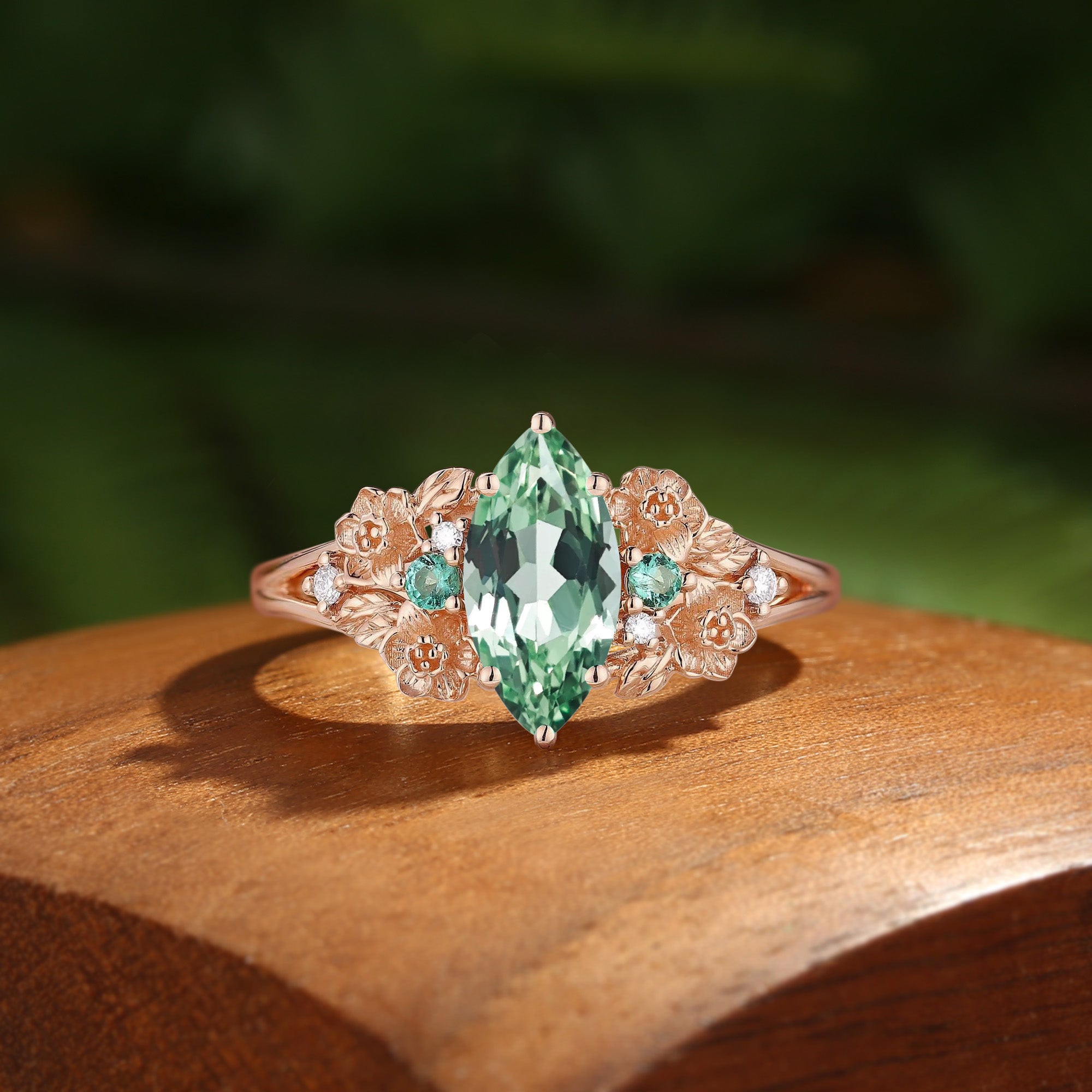 Jessamine - Marquise Lab Green Sapphire Three Stone Flower Engagement Ring