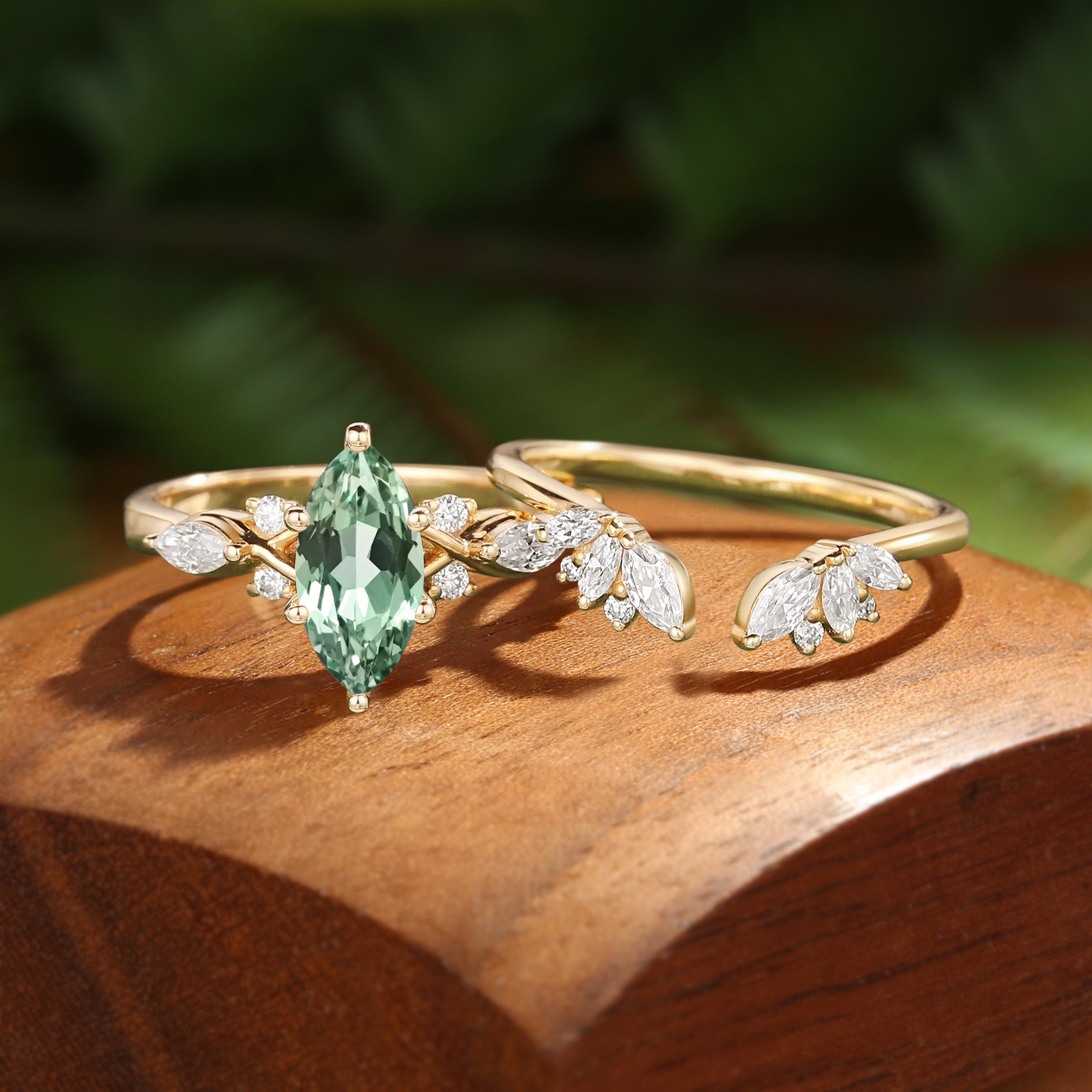 Nola - Marquise Cut Green Sapphire Twist Cluster Bridal Set 2pcs