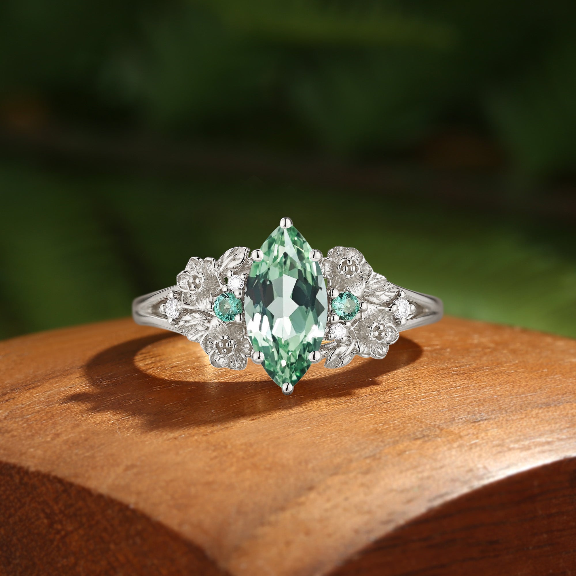 Jessamine - Marquise Lab Green Sapphire Three Stone Flower Engagement Ring