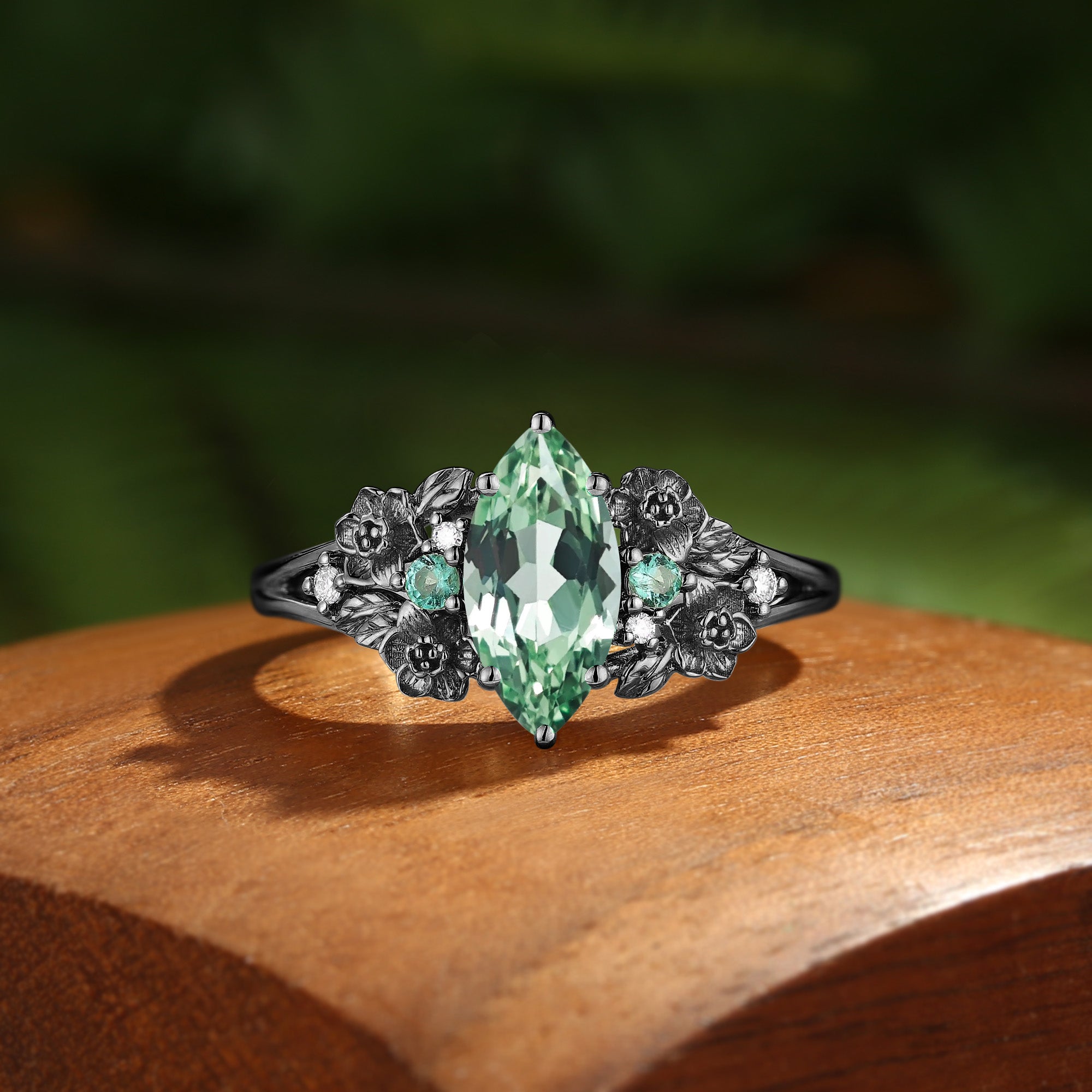 Jessamine - Marquise Lab Green Sapphire Three Stone Flower Engagement Ring
