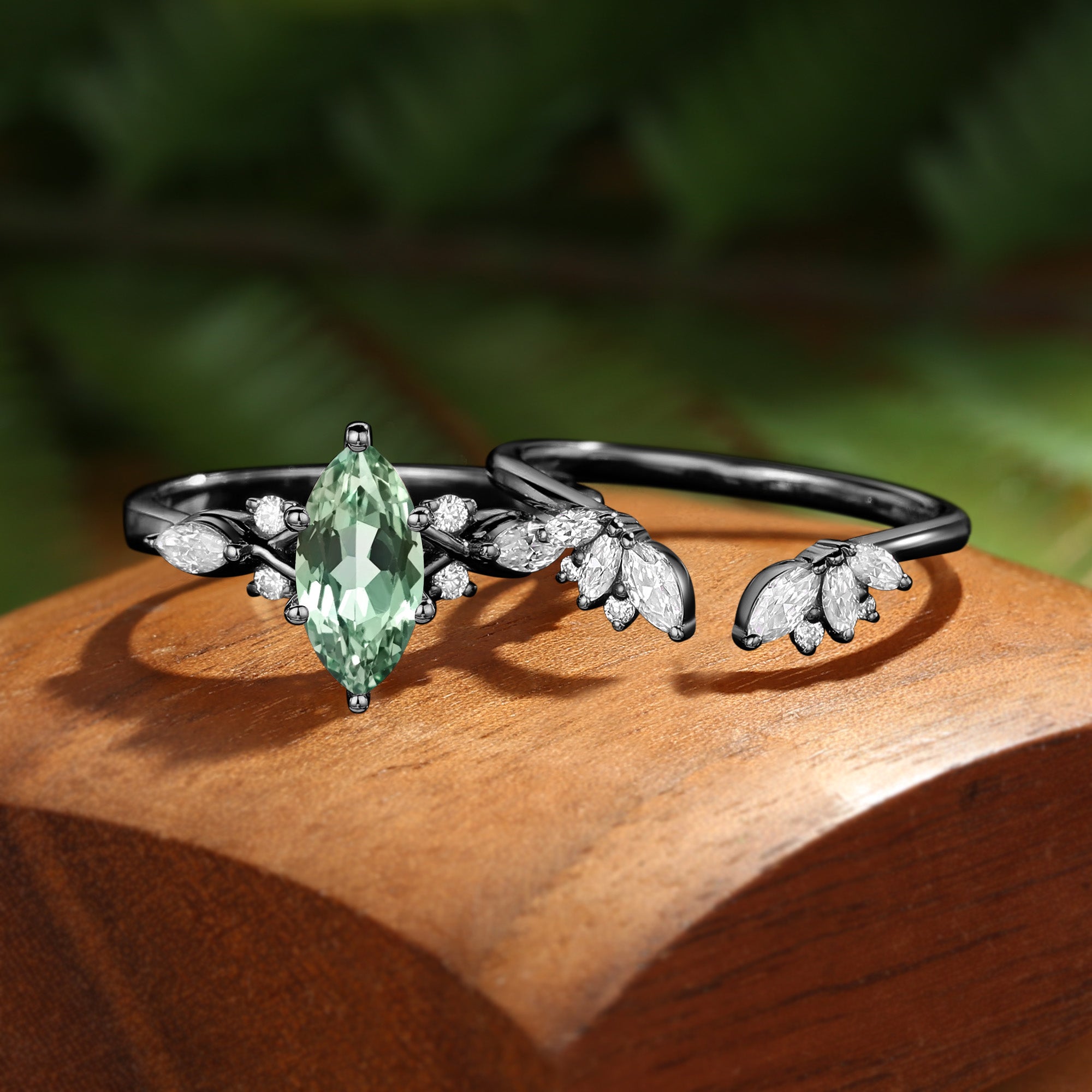 Nola - Marquise Cut Green Sapphire Twist Cluster Bridal Set 2pcs