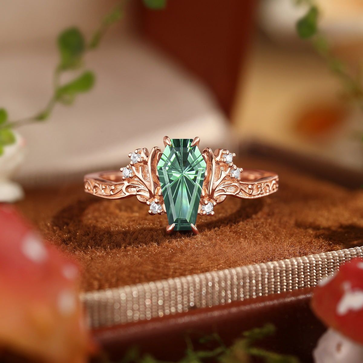 Fairy Antler inspired Coffin Cut Lab Green Sapphire Engagement Ring-Morrigan