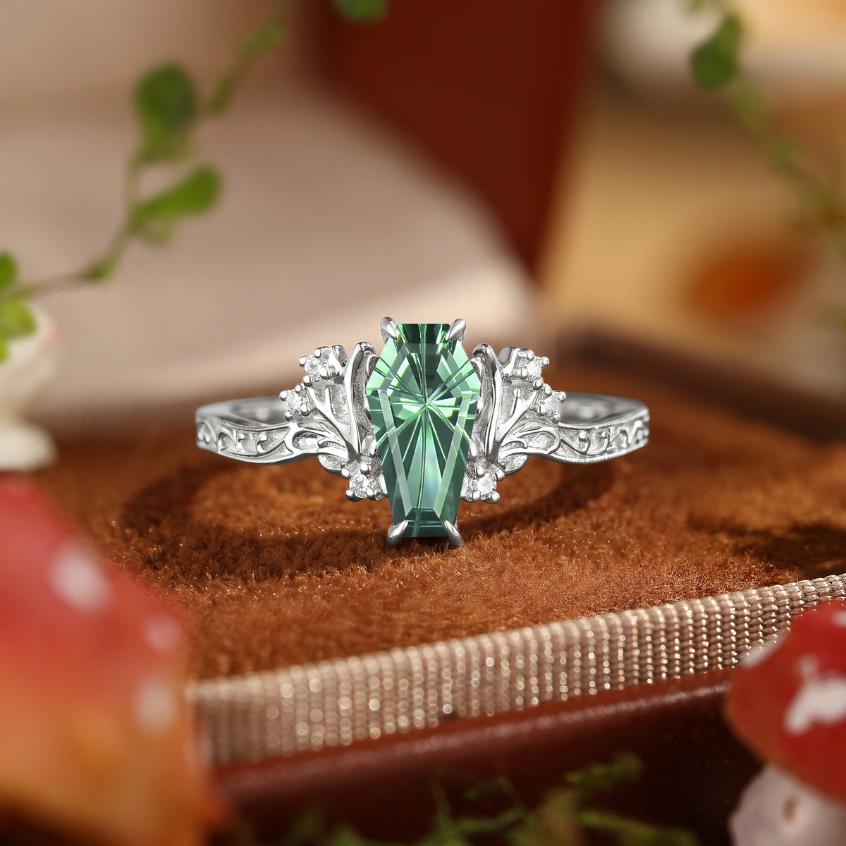 Fairy Antler inspired Coffin Cut Lab Green Sapphire Engagement Ring-Morrigan