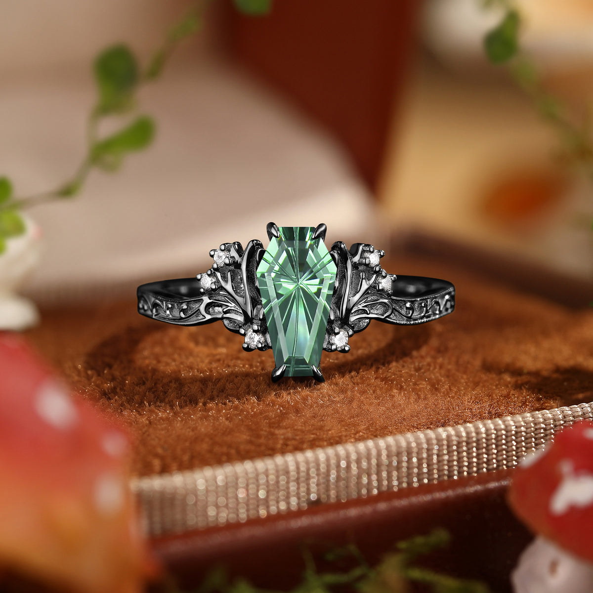 Fairy Antler inspired Coffin Cut Lab Green Sapphire Engagement Ring-Morrigan