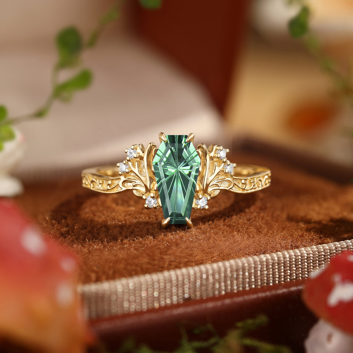 Fairy Antler inspired Coffin Cut Lab Green Sapphire Engagement Ring-Morrigan