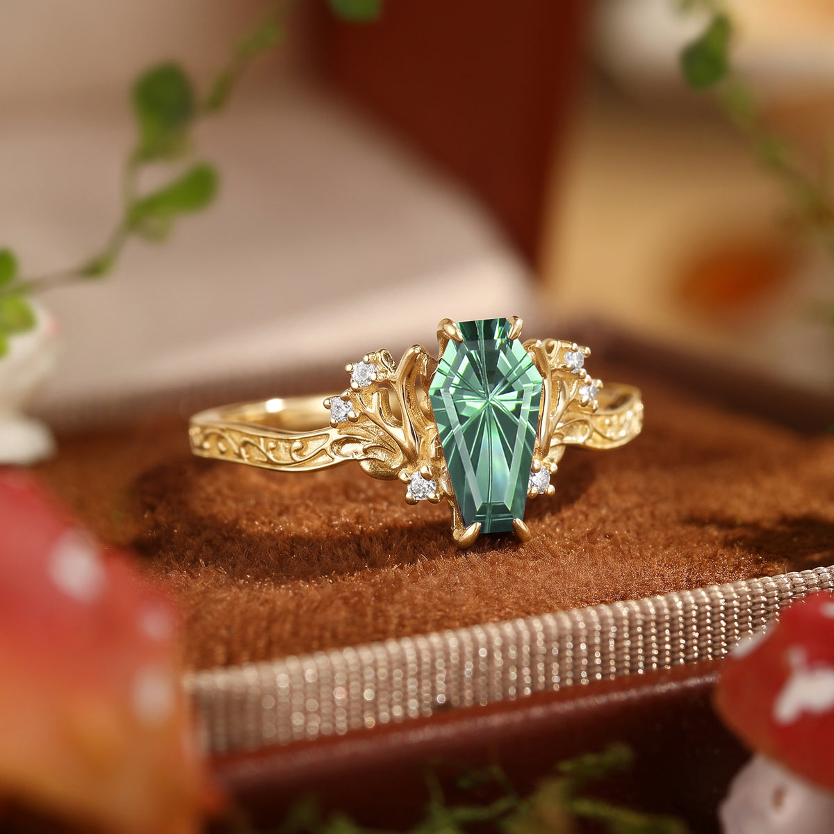 Fairy Antler inspired Coffin Cut Lab Green Sapphire Engagement Ring-Morrigan