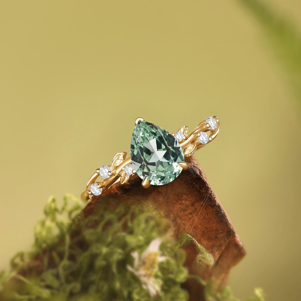 Clarissa - Lab Grown Green Sapphire Vine Inspired Leafy Pear Cut Engagement Ring