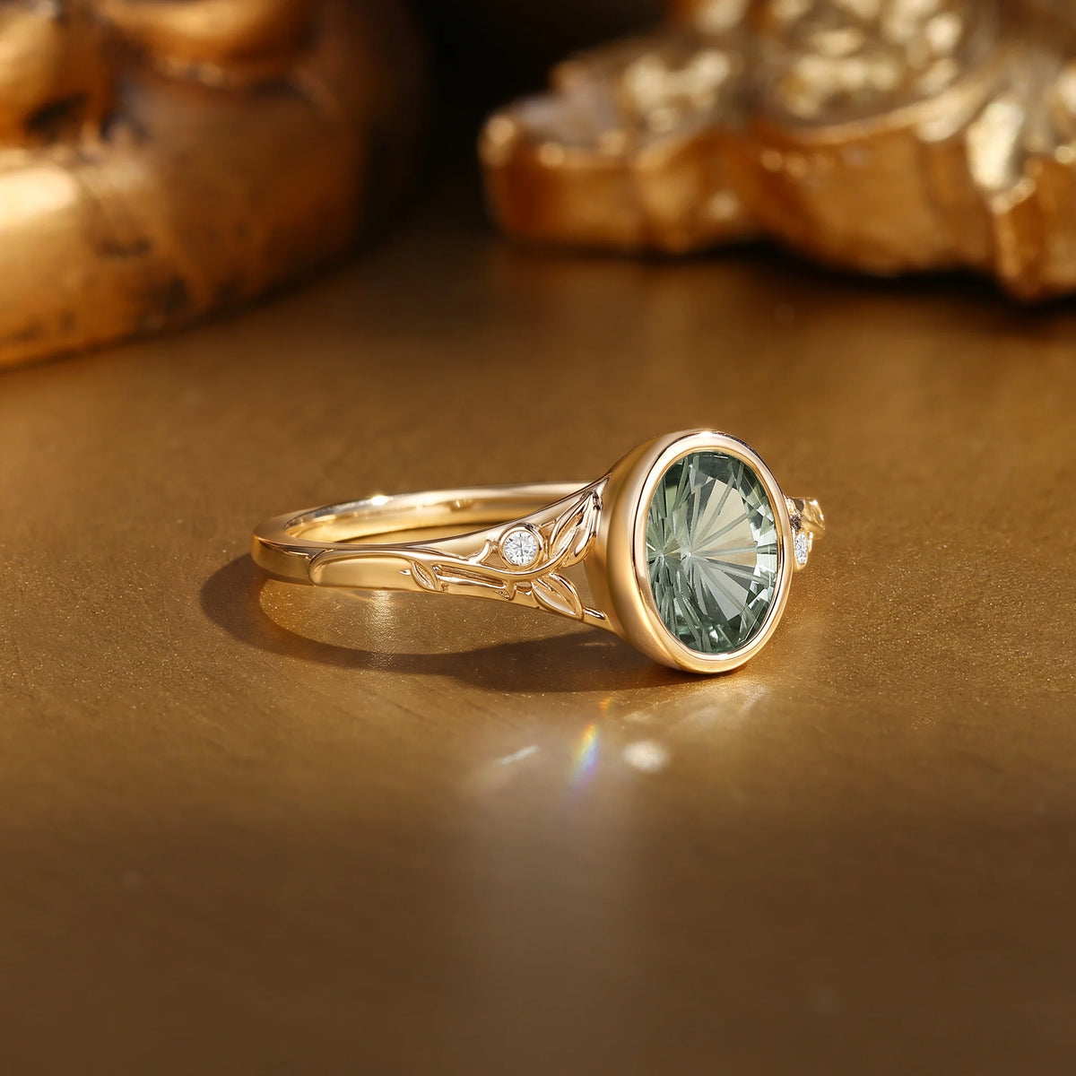 Firework Bezel Oval Cut Green Sapphire Natural Inspired Leaf Engagement Ring - Beryl