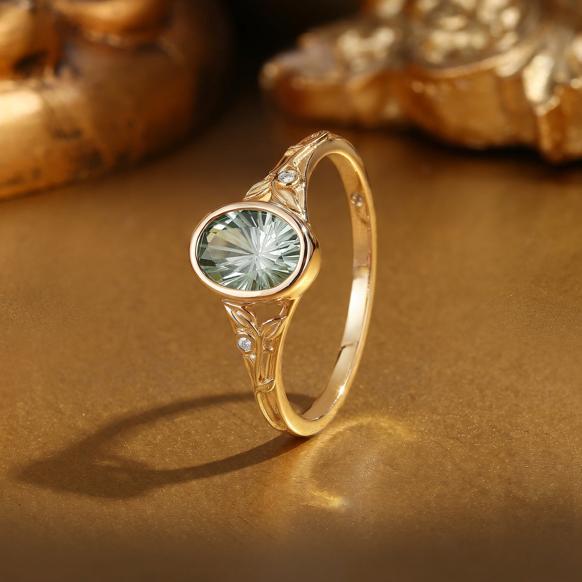 Firework Bezel Oval Cut Green Sapphire Natural Inspired Leaf Engagement Ring - Beryl