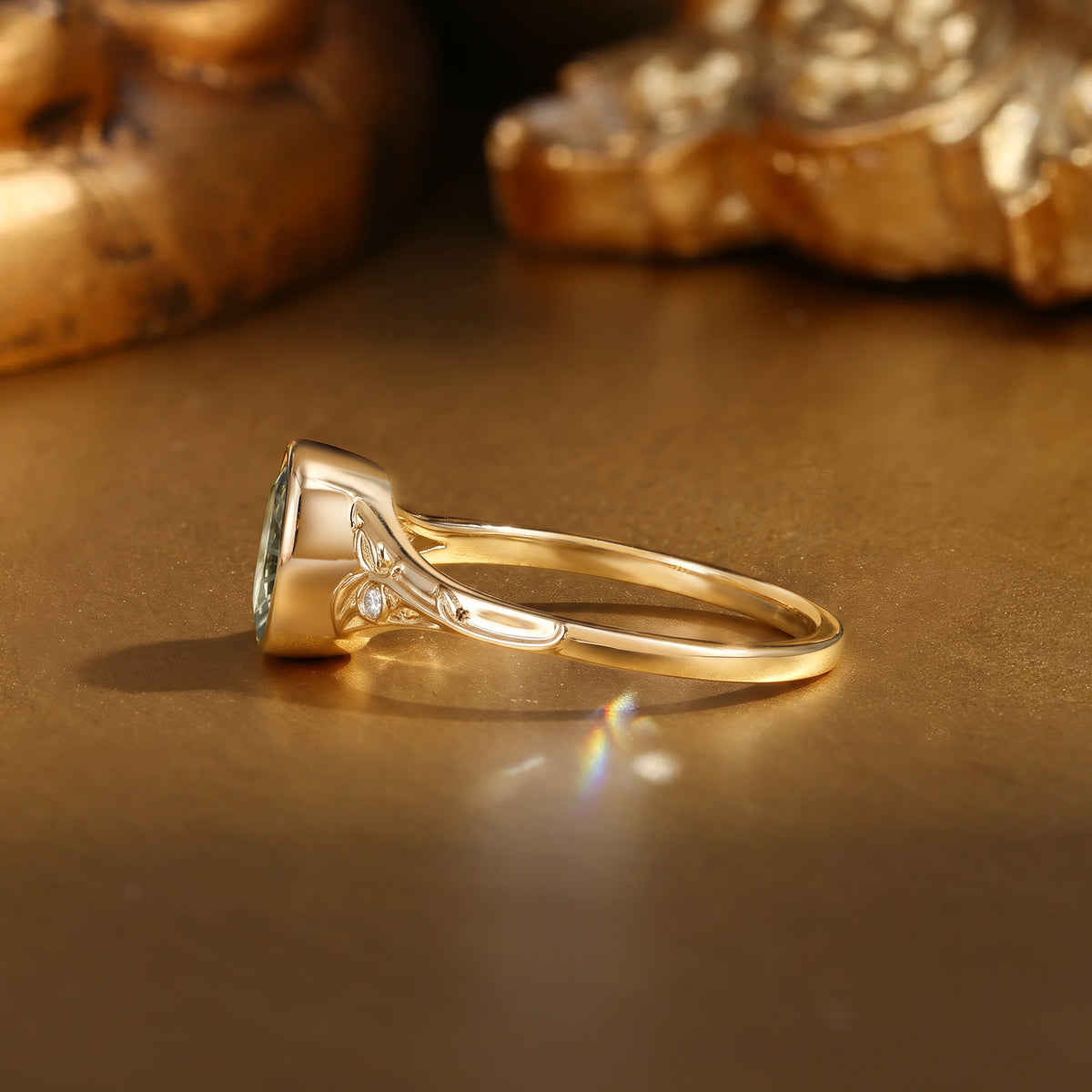 Firework Bezel Oval Cut Green Sapphire Natural Inspired Leaf Engagement Ring - Beryl