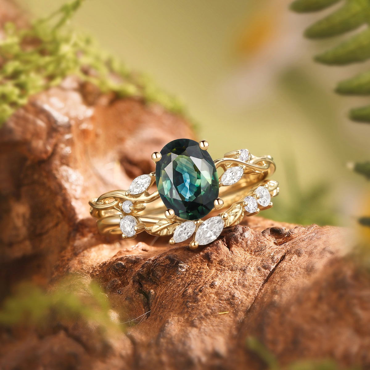 Coralie - Natural Blue Green Sapphire Leaf Engagement Ring Set 2pcs