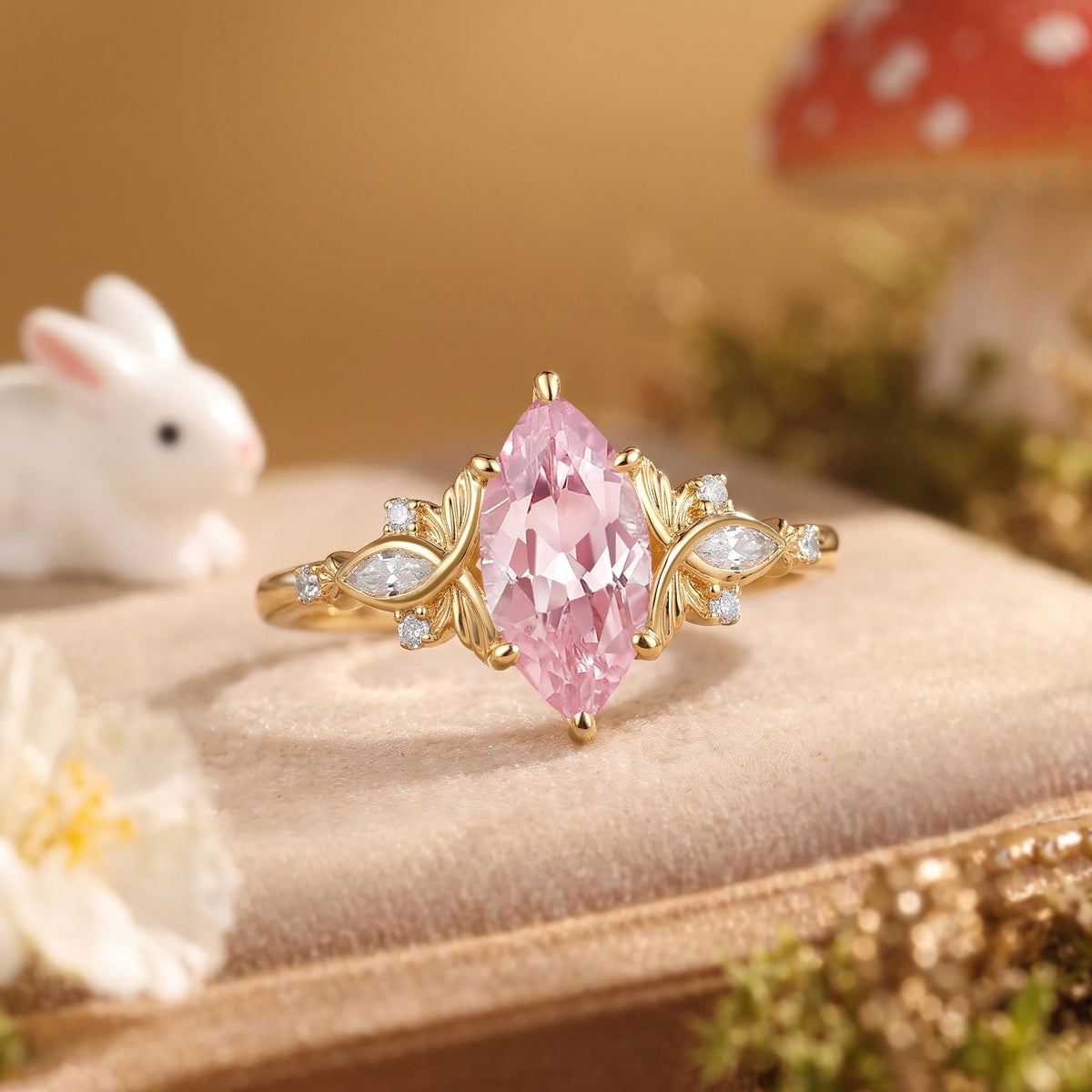 Forest Fairy Marquise Cut Pink Sapphire Leafy Engagement Ring - Letitia