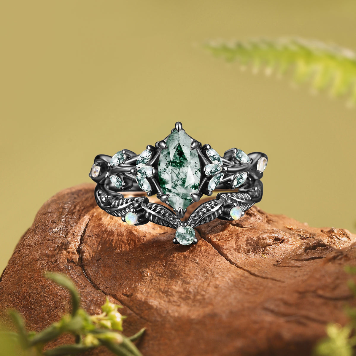 Nature Inspired Marquise Moss Agate Lush Leafy Engagement Ring 2PCS - Willow