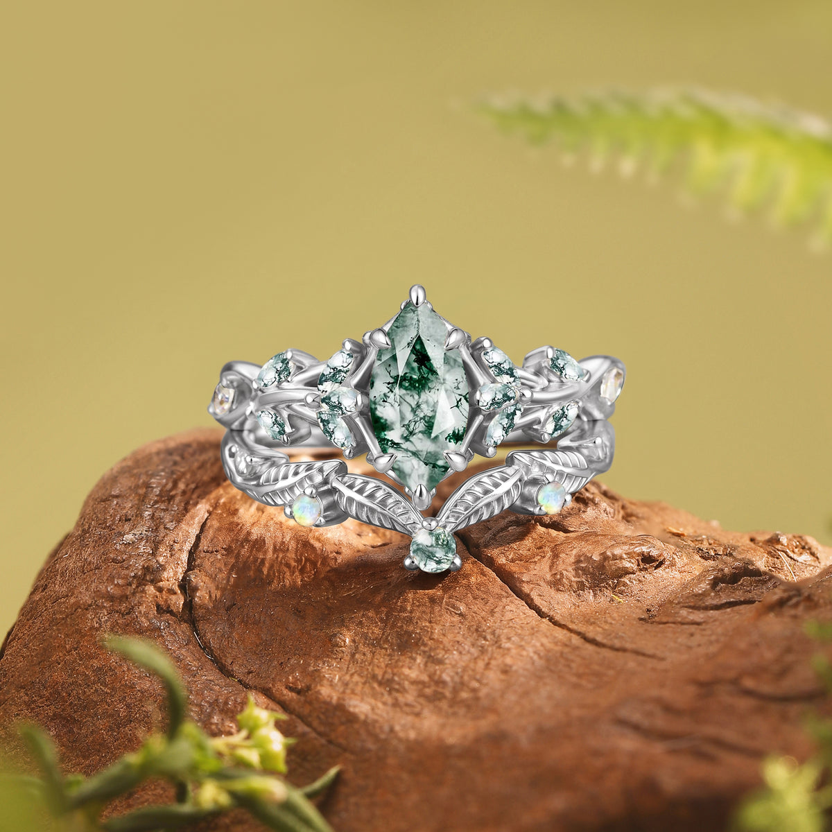 Nature Inspired Marquise Moss Agate Lush Leafy Engagement Ring 2PCS - Willow