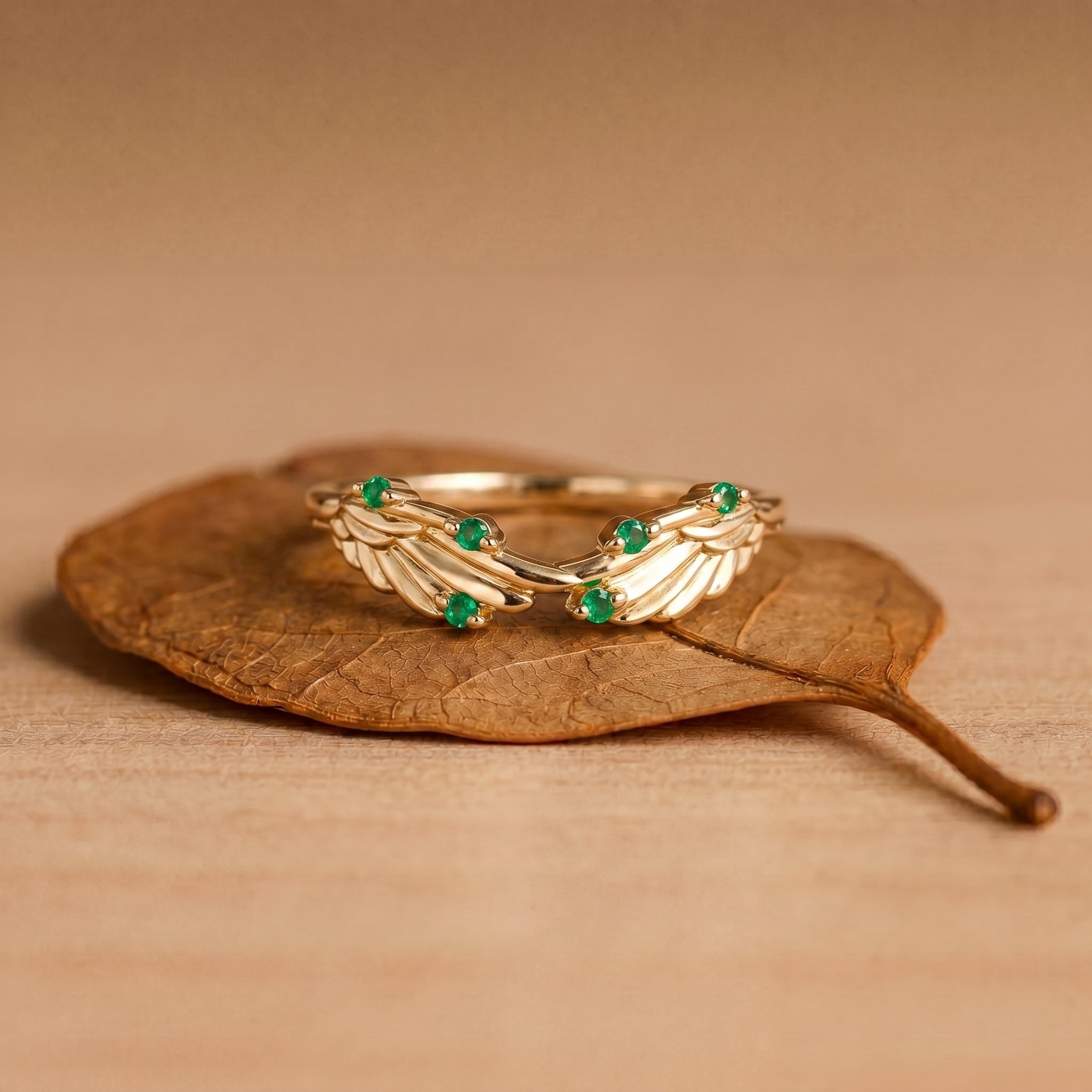 Fairy Wing Round Emerald Curved Stacking Wedding Band - Francine