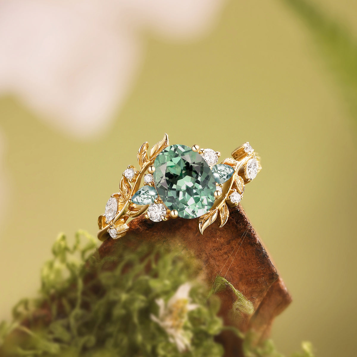 Abrielle - Oval Cut Lab Mint Green Sapphire Vine Fairytale Engagement Ring