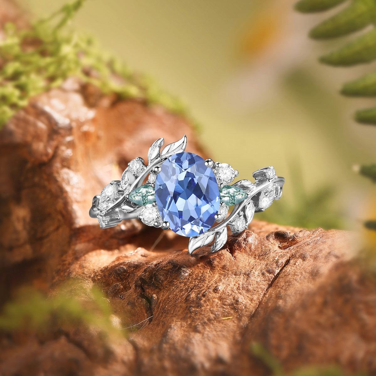 Abrielle - Oval Cut Lab Cornflower Blue Sapphire Vine Fairytale Engagement Ring