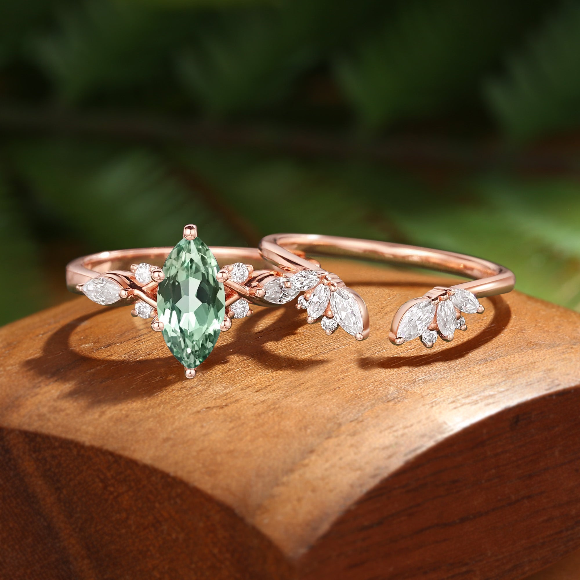 Nola - Marquise Cut Green Sapphire Twist Cluster Bridal Set 2pcs