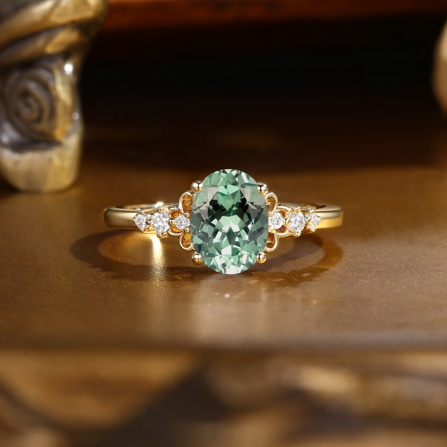 Oval Cut Green Sapphire Vintage Relief Engagement Ring - Swan Princess