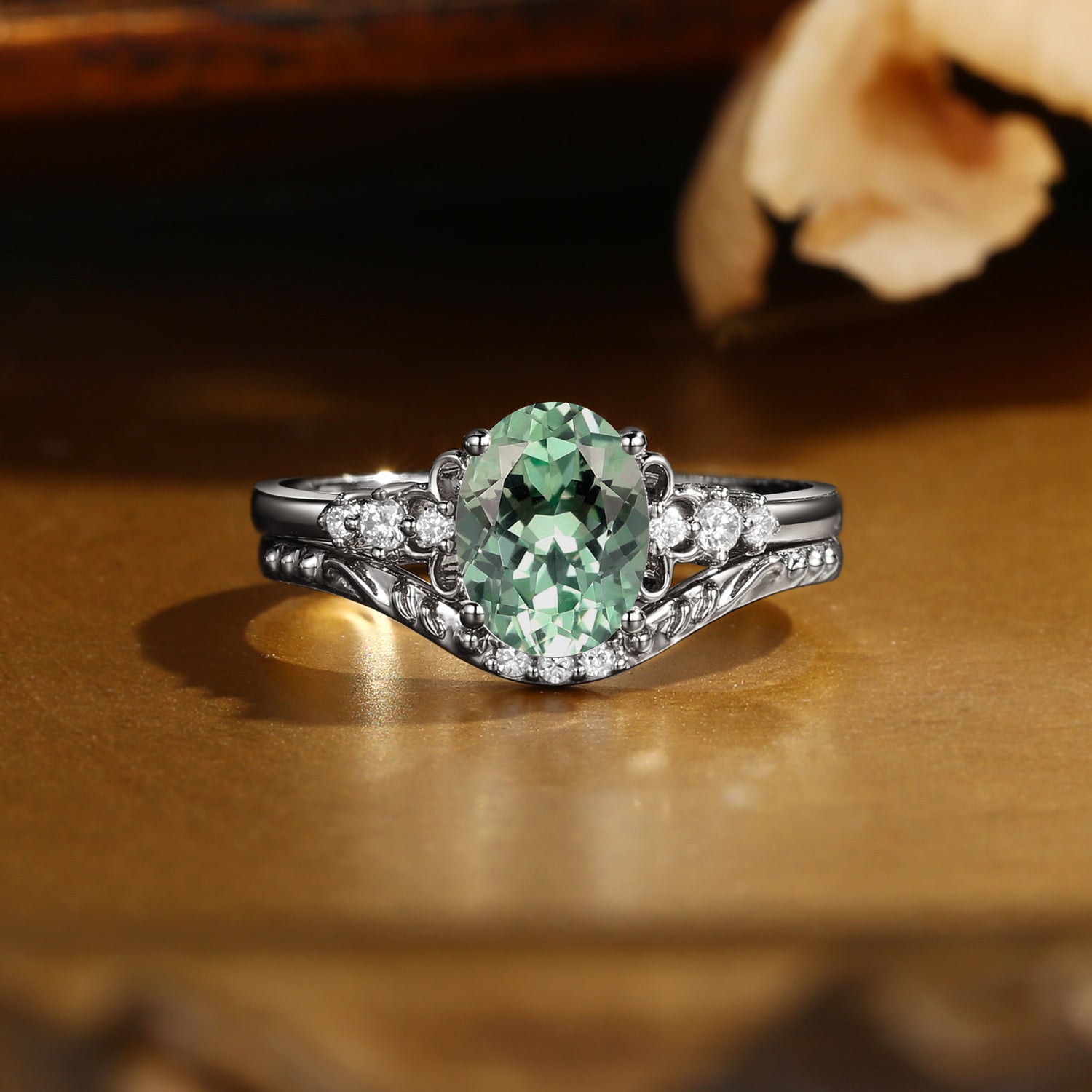 Oval Cut Green Sapphire Vintage Relief Bridal Set 2pcs - Swan Princess