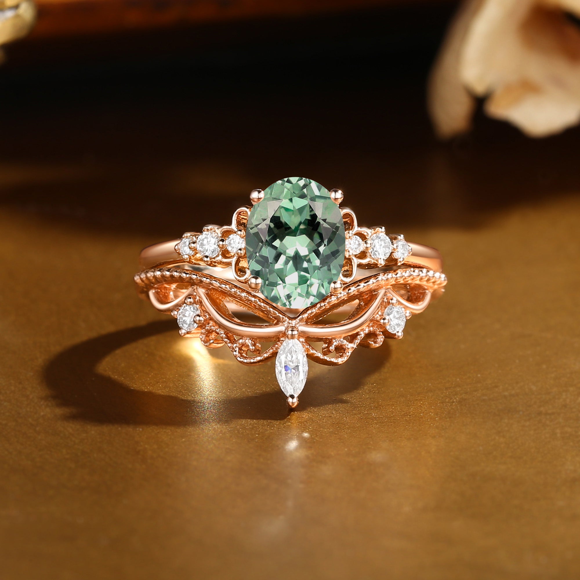 Oval Cut  Green Sapphire Vintage Princesscore Bridal Set 2pcs - Swan Princess