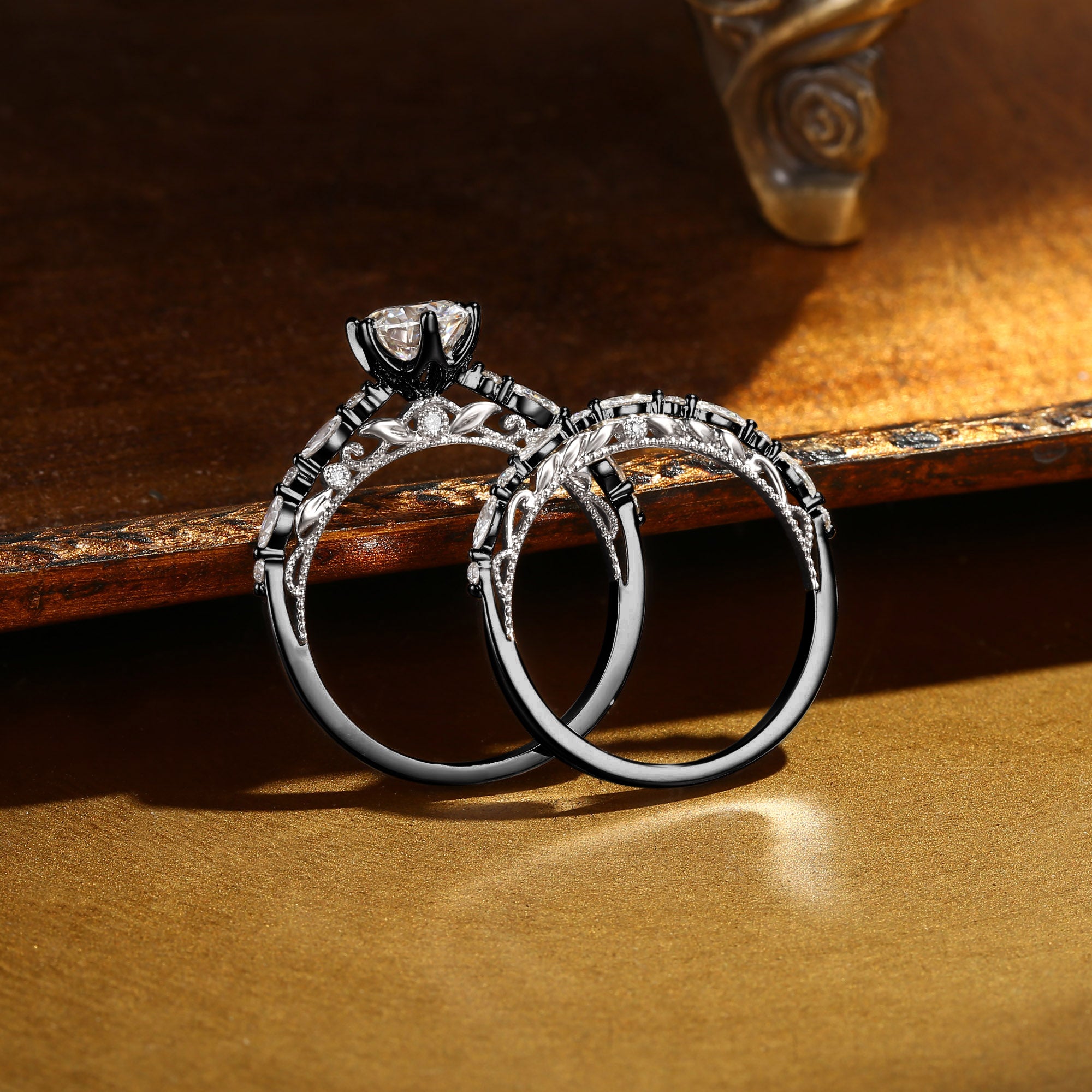 Celeste - Victorian Two Tone Gold Vintage Moissanite Engagement Ring Set 2pcs