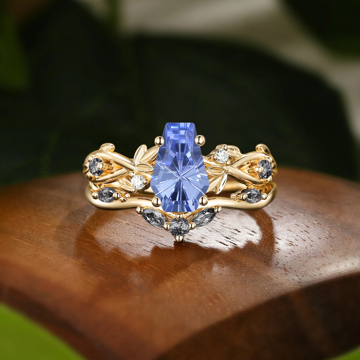 Celeste - Firework Coffin Cut Cornflower Blue Sapphire Leafy Twist Bridal Set 2pcs