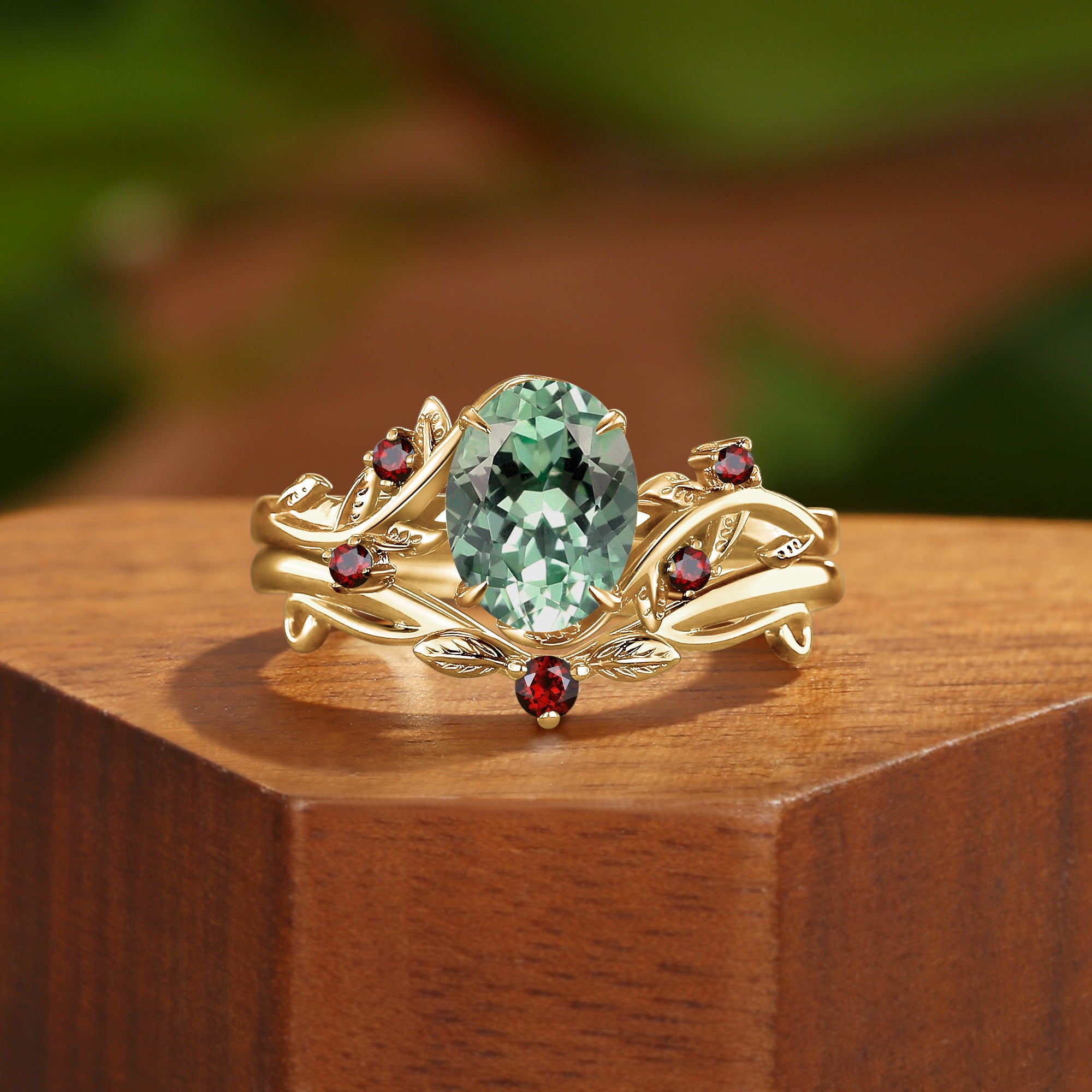 Ilaria - Vintage Green Sapphire & Leaf Cluster Bridal Set 2pcs