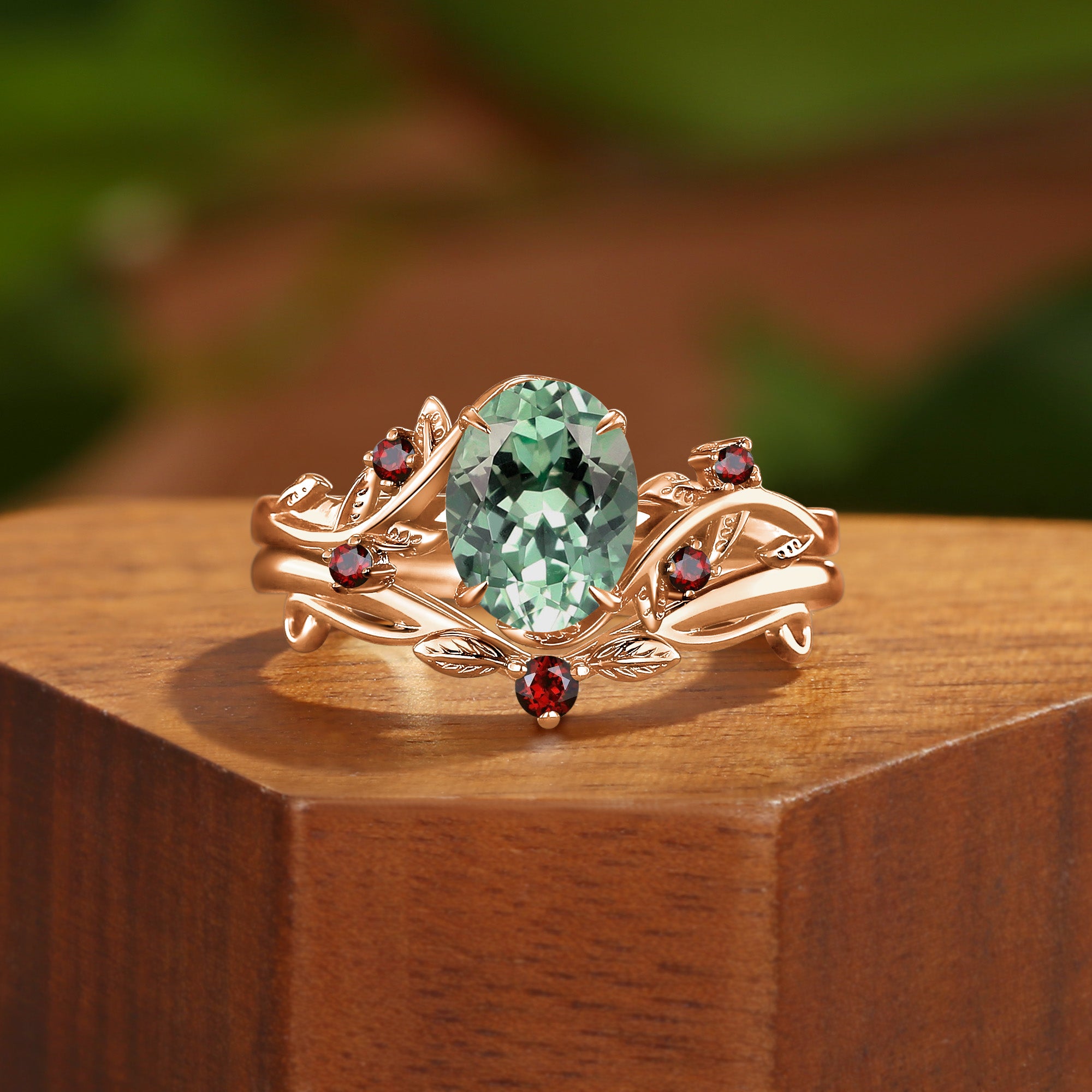 Ilaria - Vintage Green Sapphire & Leaf Cluster Bridal Set 2pcs