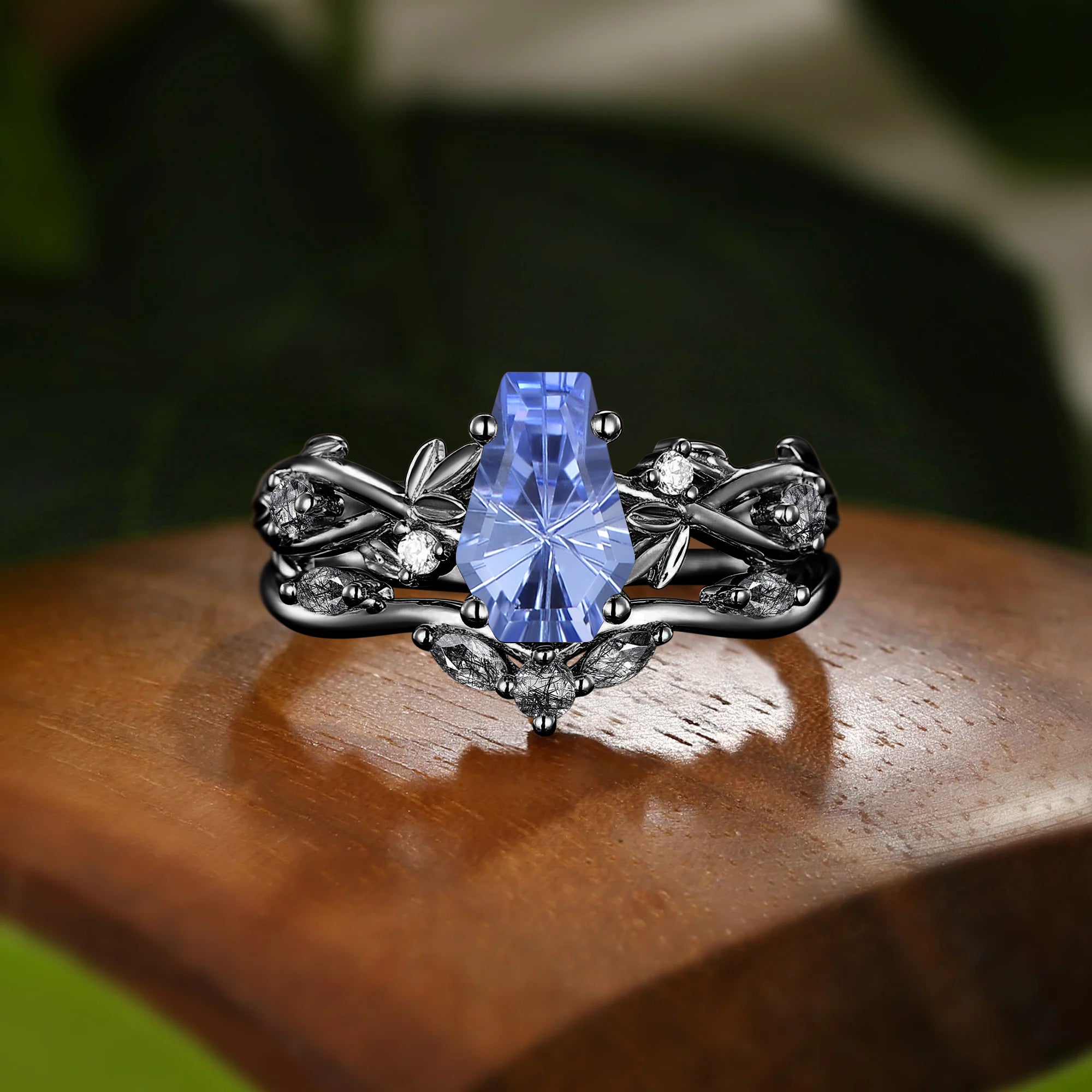 Celeste - Firework Coffin Cut Cornflower Blue Sapphire Leafy Twist Bridal Set 2pcs