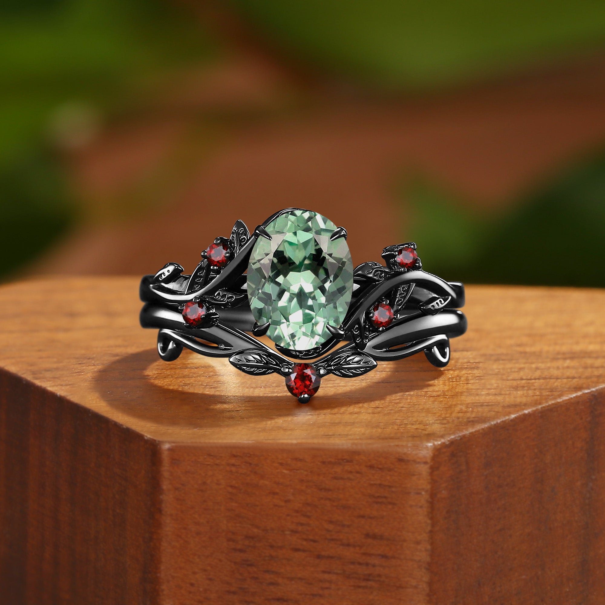 Ilaria - Vintage Green Sapphire & Leaf Cluster Bridal Set 2pcs