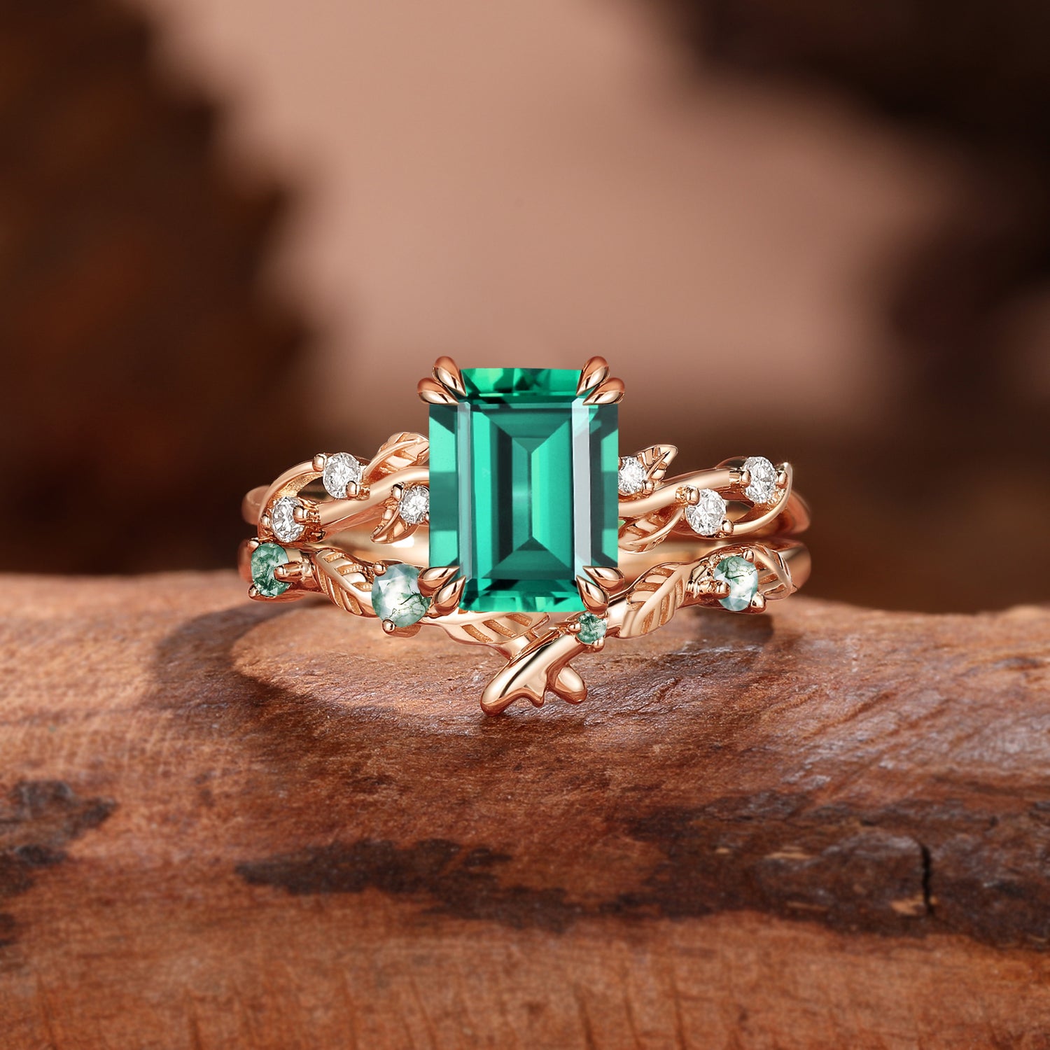 Emerald Cut Lab Green Emerald Leafy Ring Set 2pcs - Clarissa