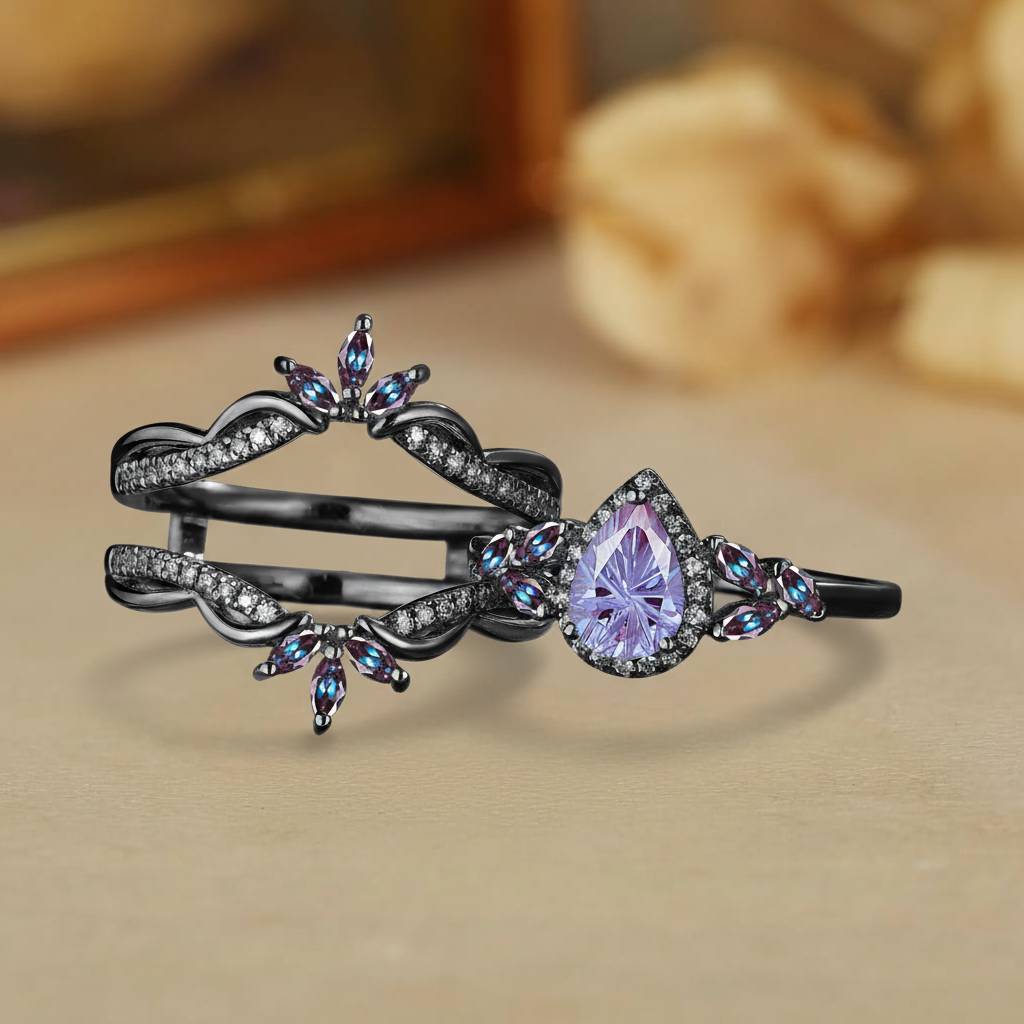 Edith - Halo Vintage Pear Firework Cut Alexandrite Enhancer Ring Set 2pcs