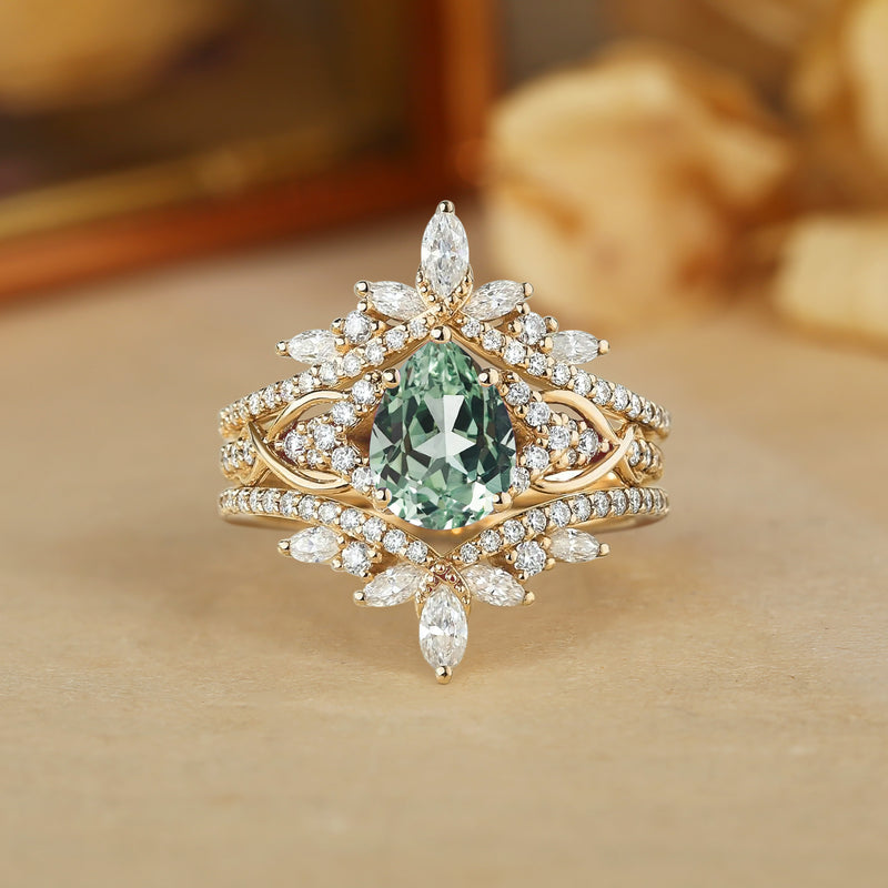 Jasmine - Vintage Enhancer Pear Cut Green Sapphire Twist Bridal Set 2pcs