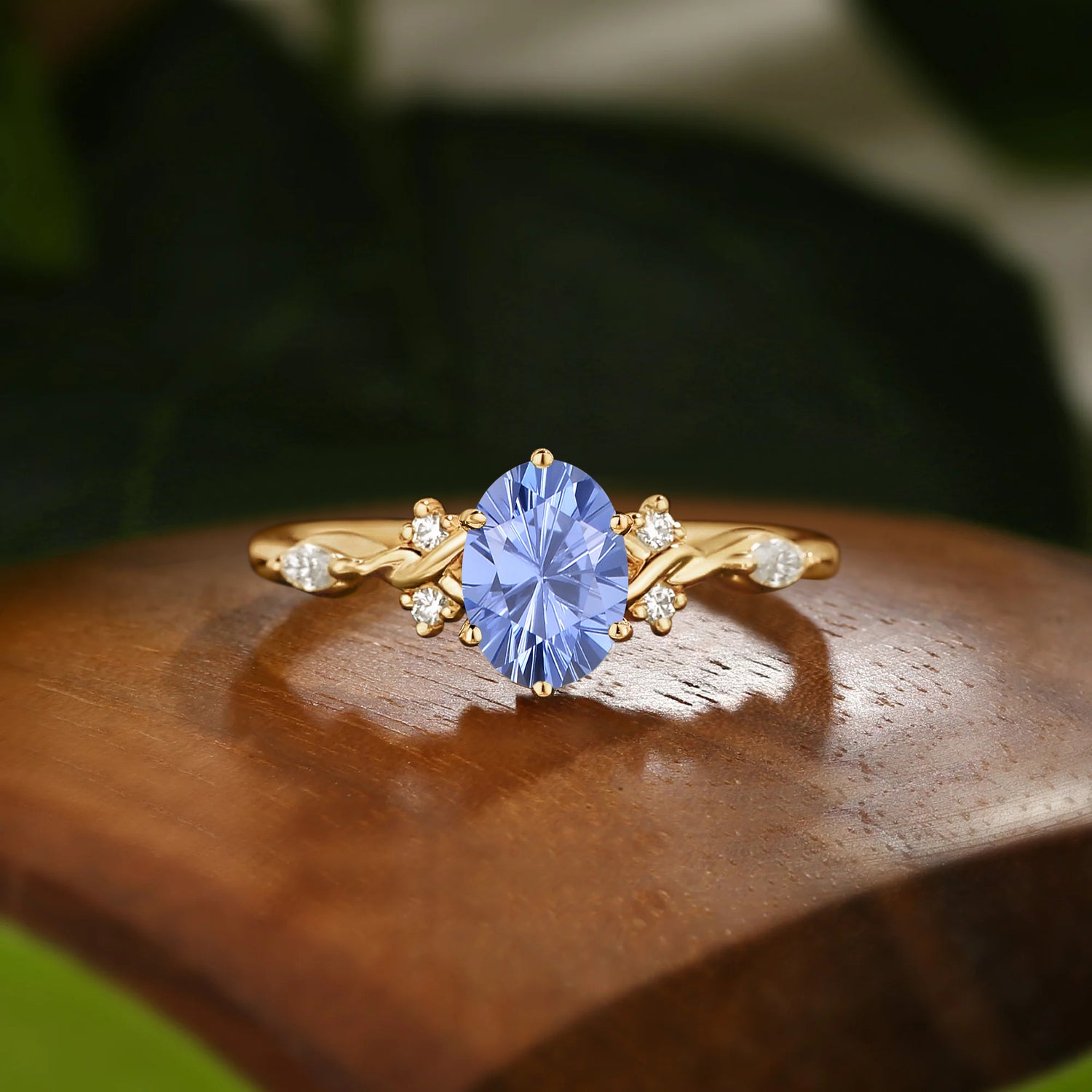 Oval Firework Cut Cornflower Blue Sapphire Twist Engagement Ring - Lucille