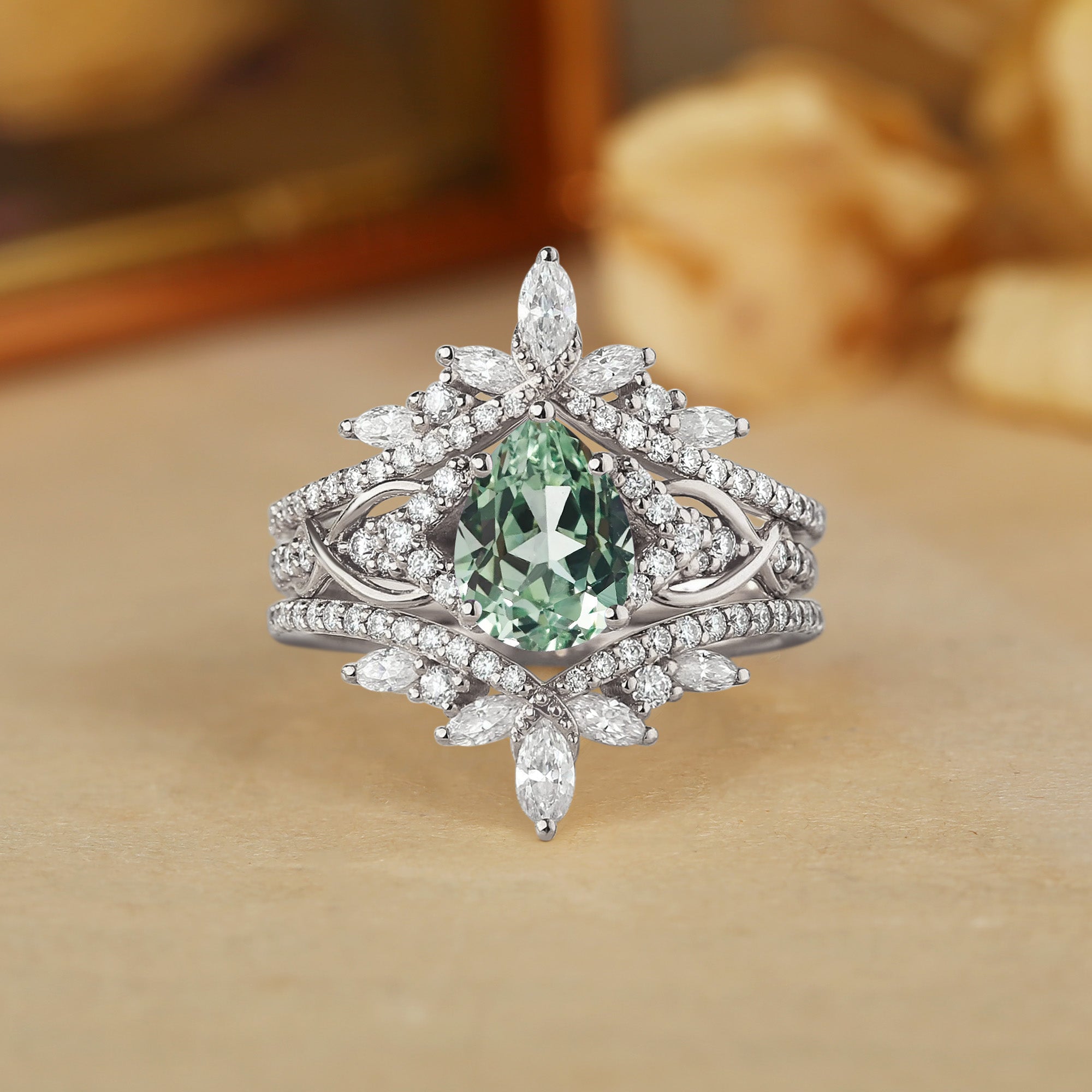 Jasmine - Vintage Enhancer Pear Cut Moissanite Twist Bridal Set 2pcs