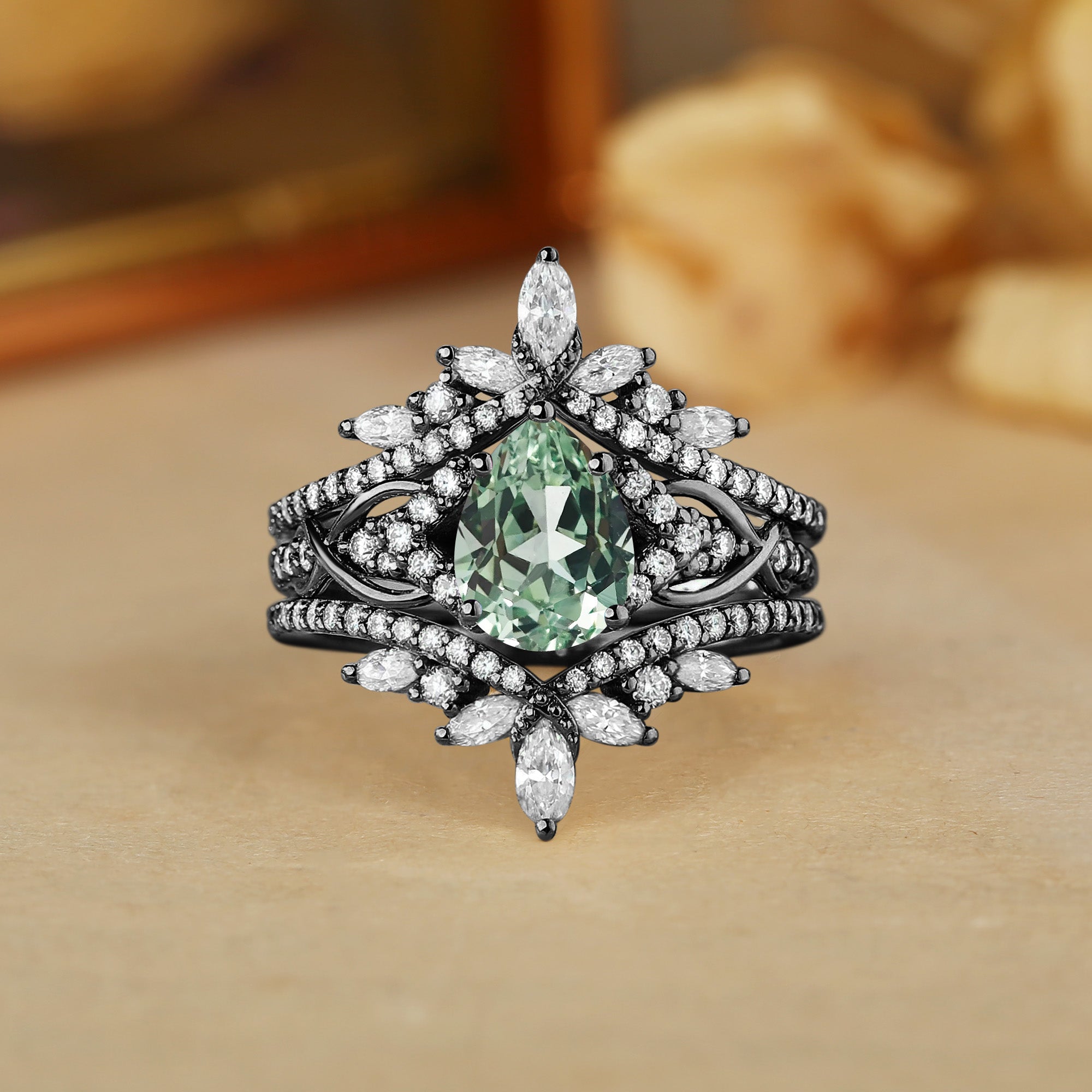 Jasmine - Vintage Enhancer Pear Cut Moissanite Twist Bridal Set 2pcs